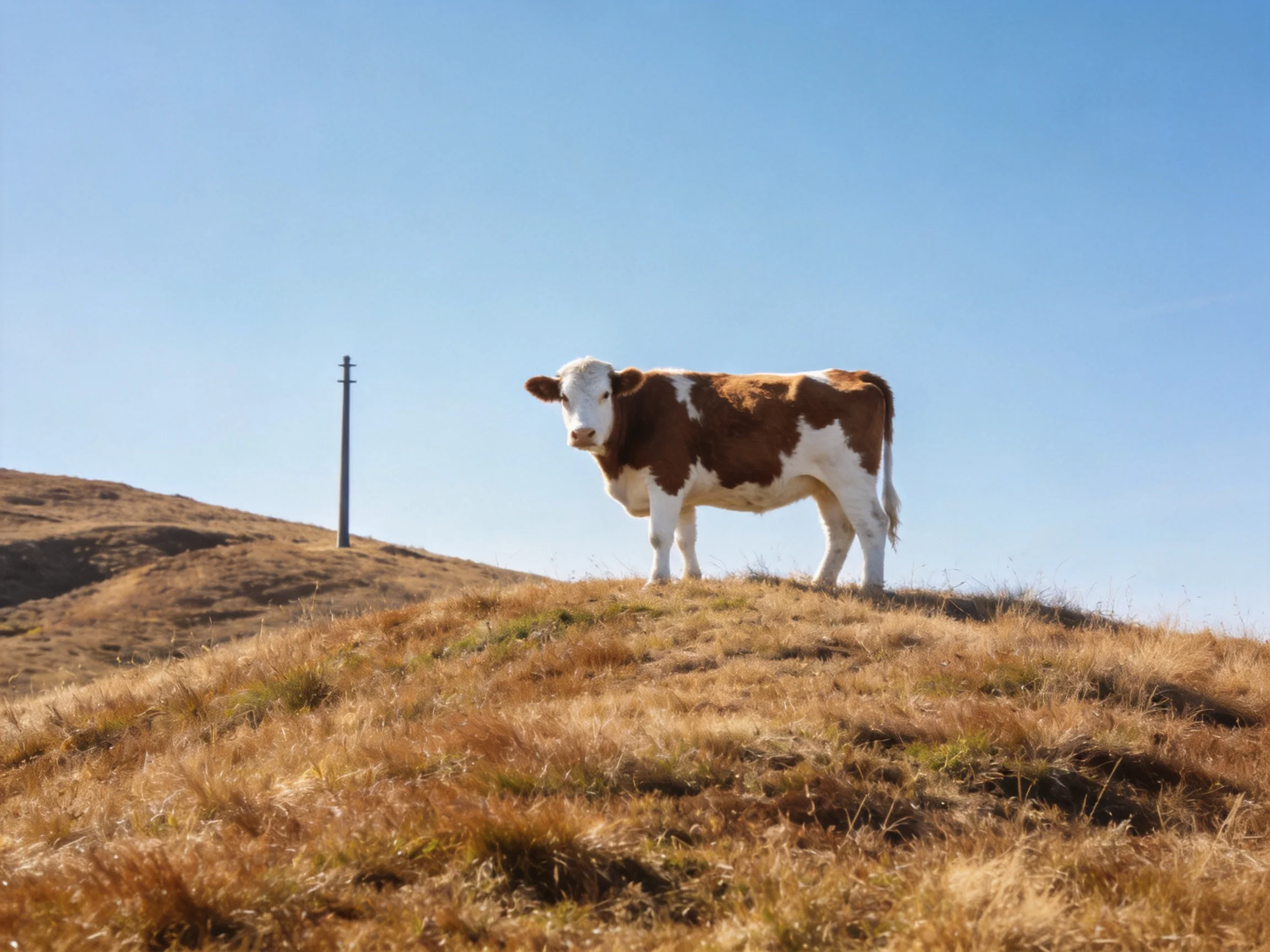 A brown-and-white cow stands on a dry grassy hill under a clear blue sky