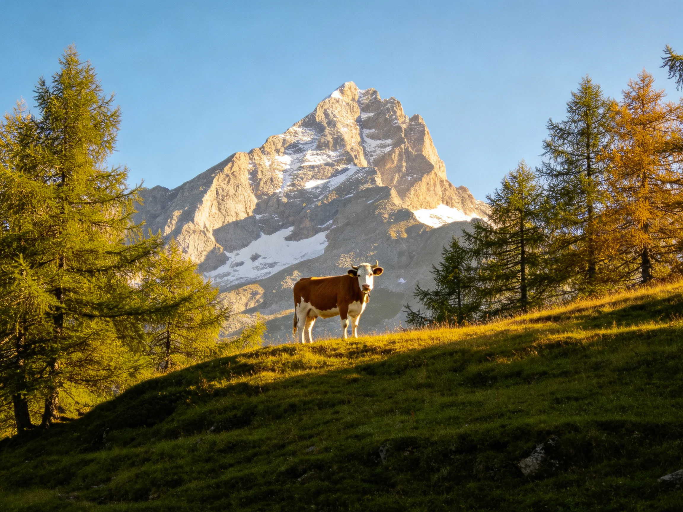 A brown-and-white cow stands on a grassy hill with colorful trees and a towering snow-capped mountain