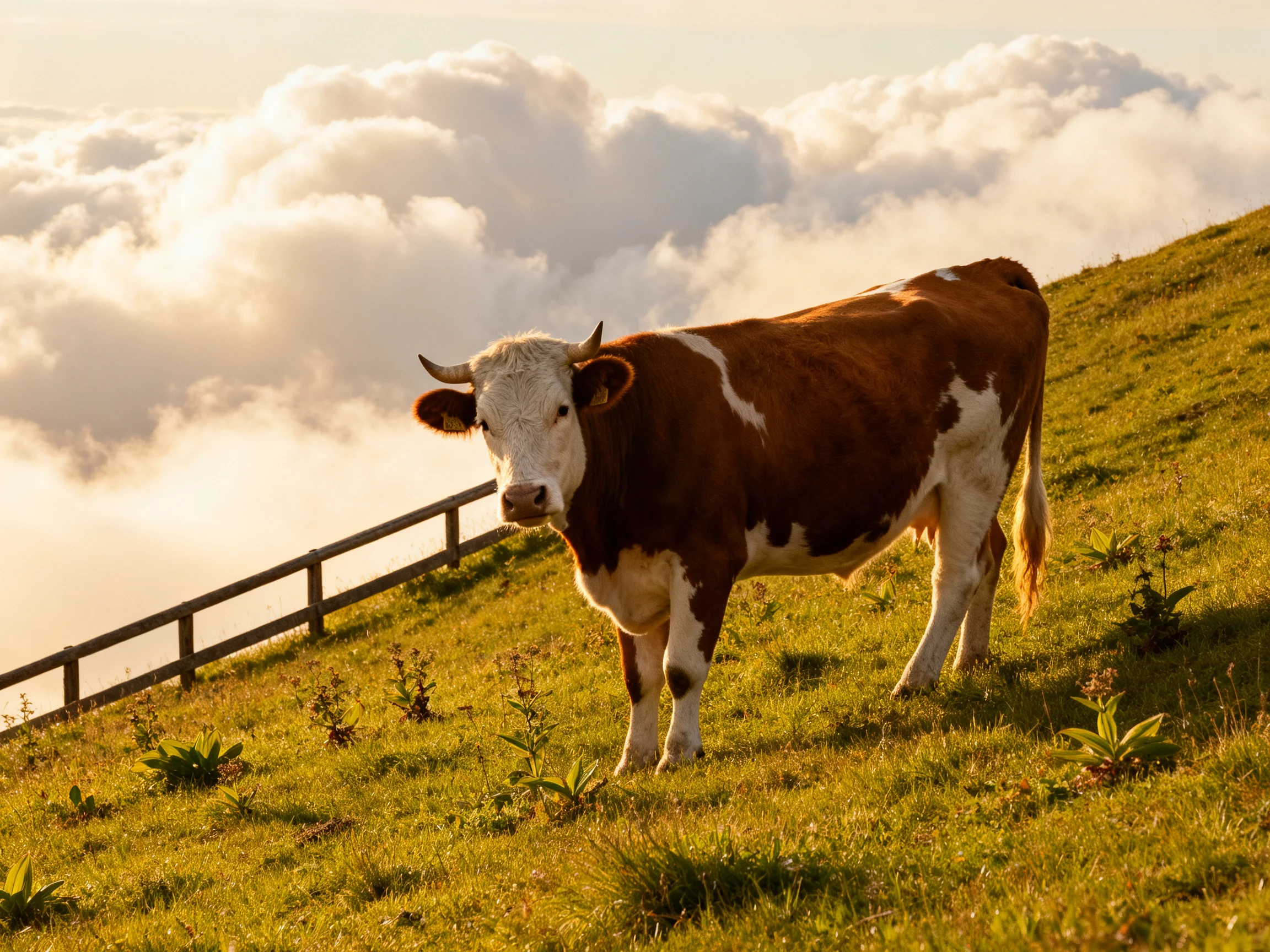 A brown and white cow stands on a grassy hillside with clouds below