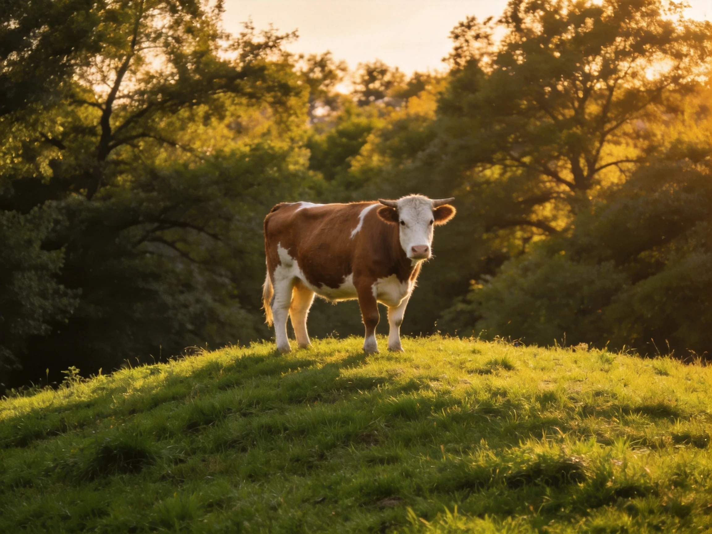 A brown and white cow stands on a lush green hillside at golden hour