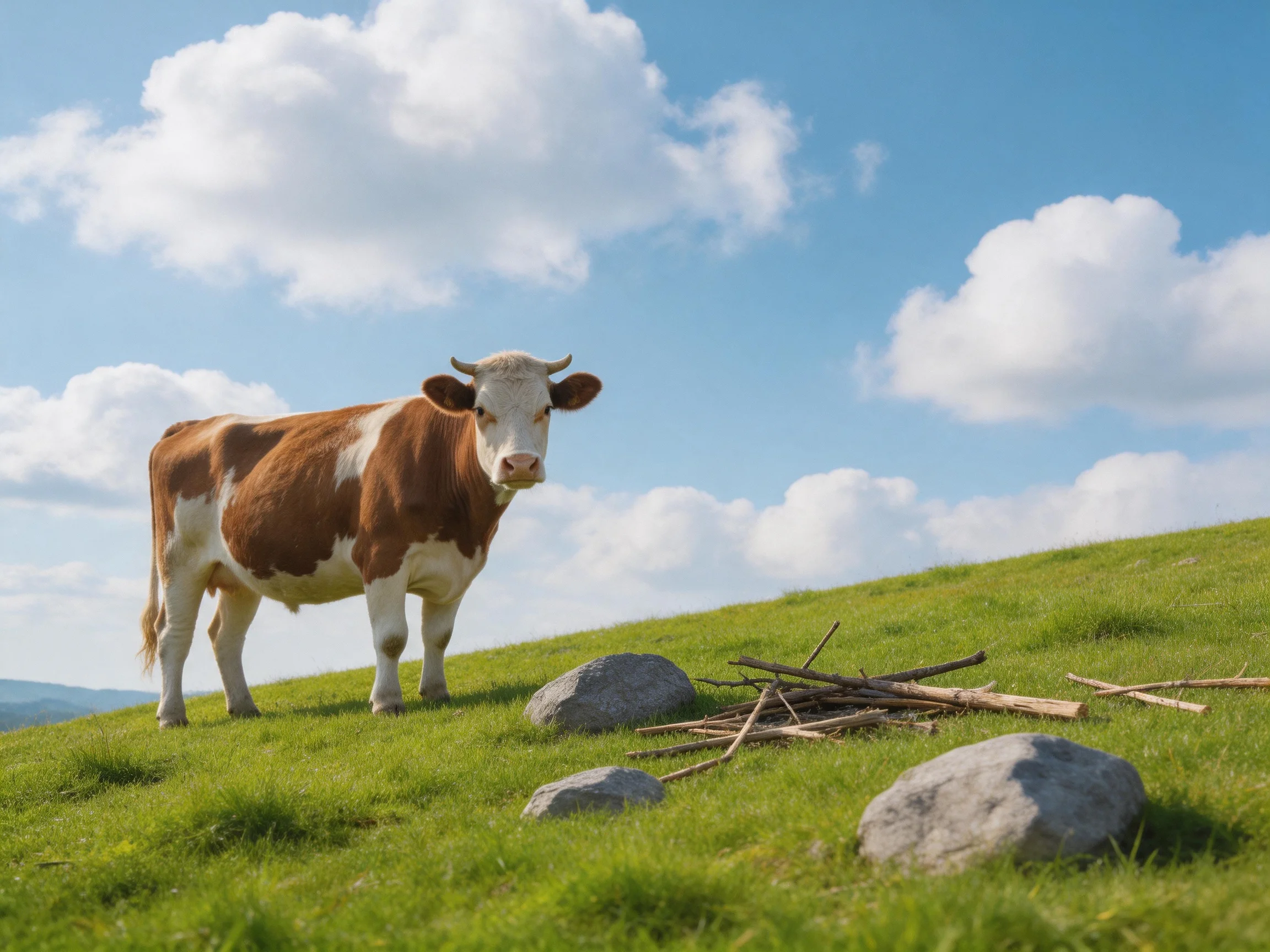 A brown and white cow stands on a lush green hillside near gray rocks