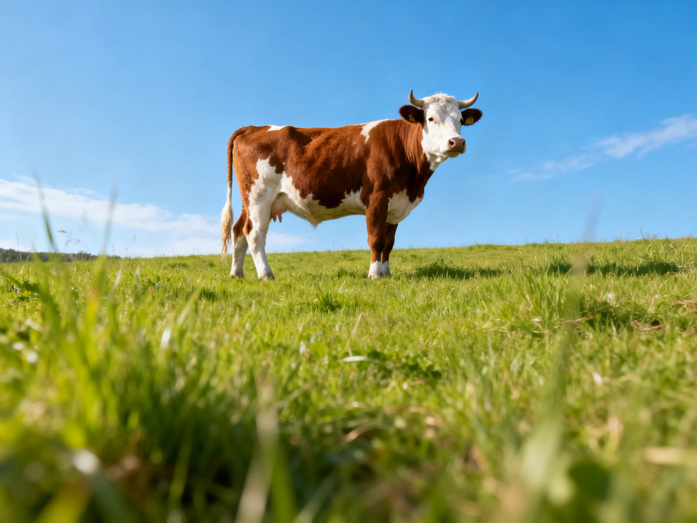 A brown and white cow stands on a lush green pasture under a bright blue sky