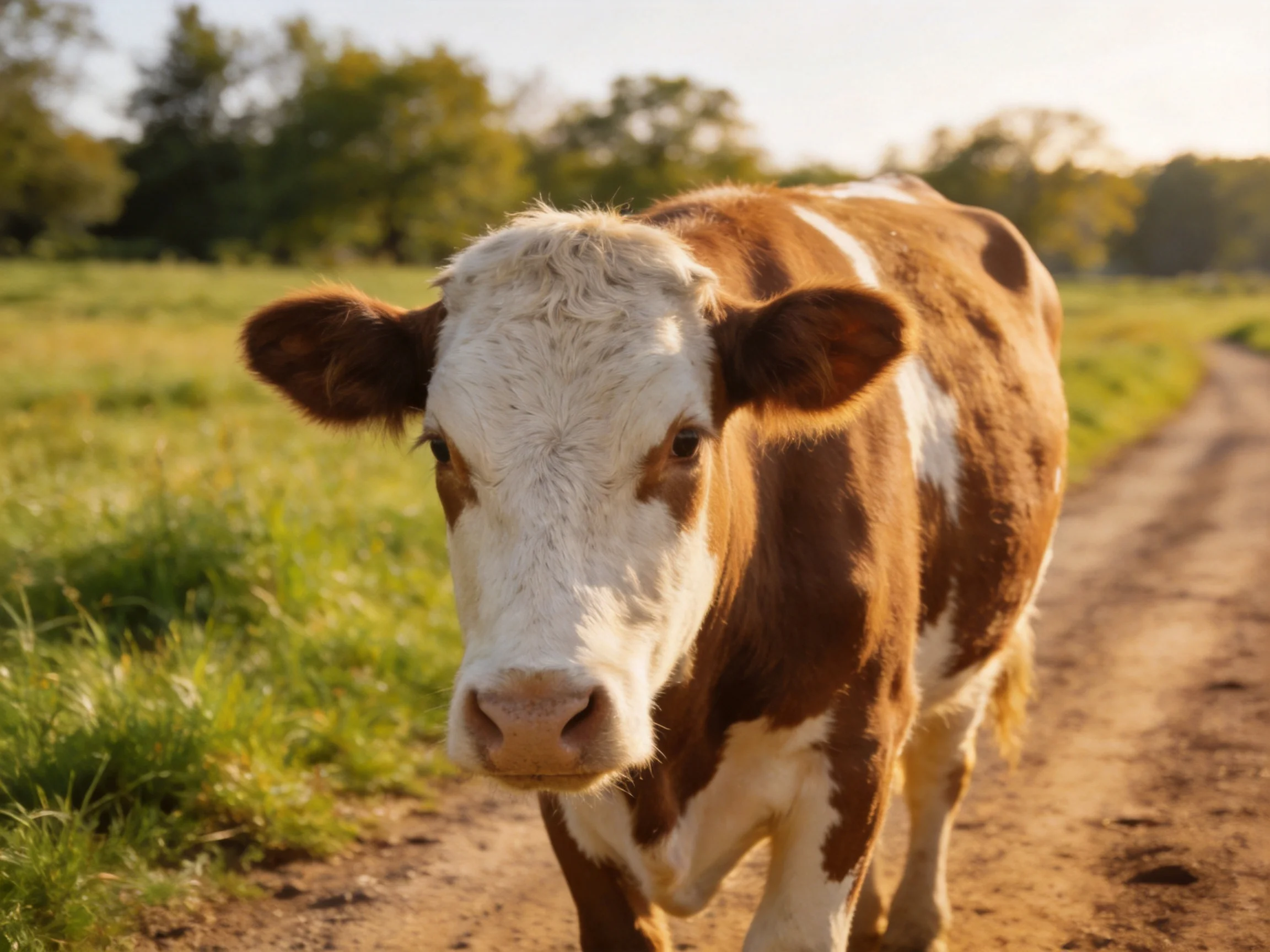 A brown and white cow stands on a sunlit dirt path near green fields