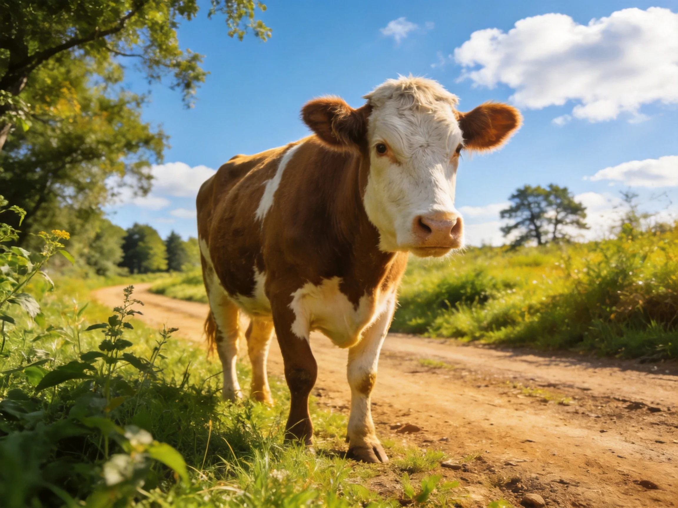 A brown and white cow stands on a sunlit dirt path near lush greenery