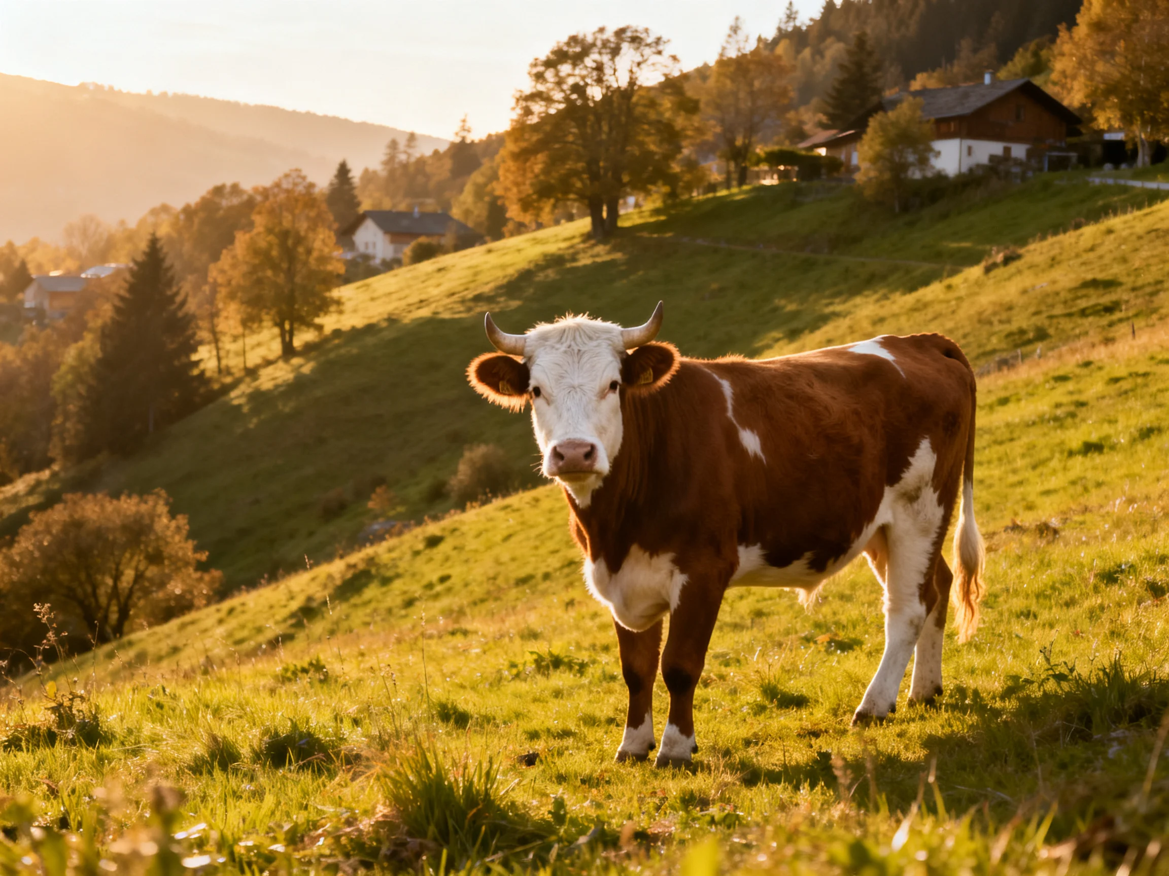 A brown and white cow stands on a sunlit green hillside near houses