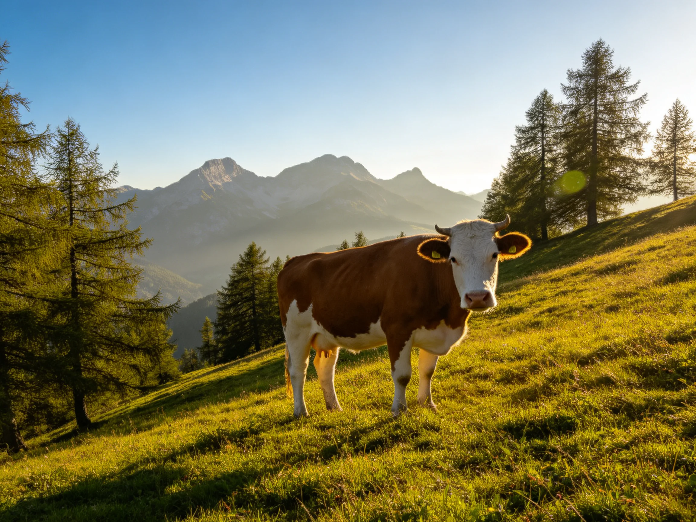 A brown and white cow stands on a sunlit mountain meadow