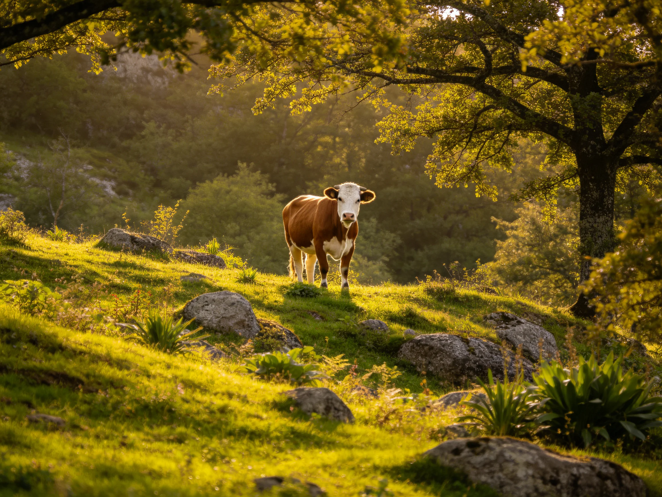 A brown and white cow stands on a sunlit rocky meadow near large trees