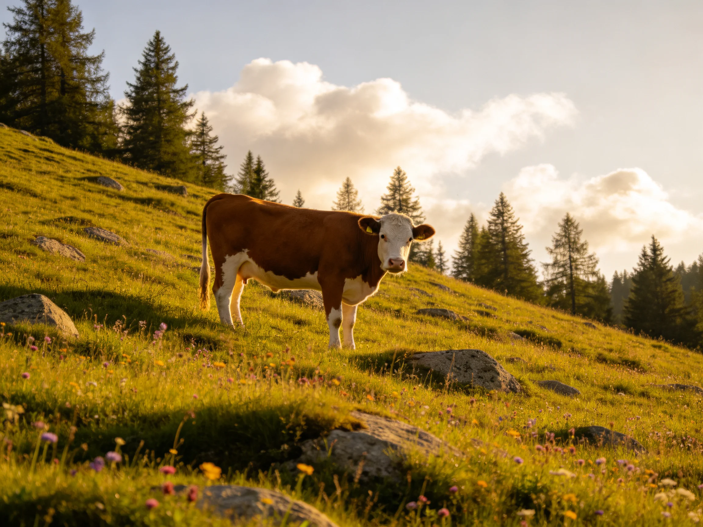 A brown-and-white cow stands on a sunlit rocky meadow with wildflowers