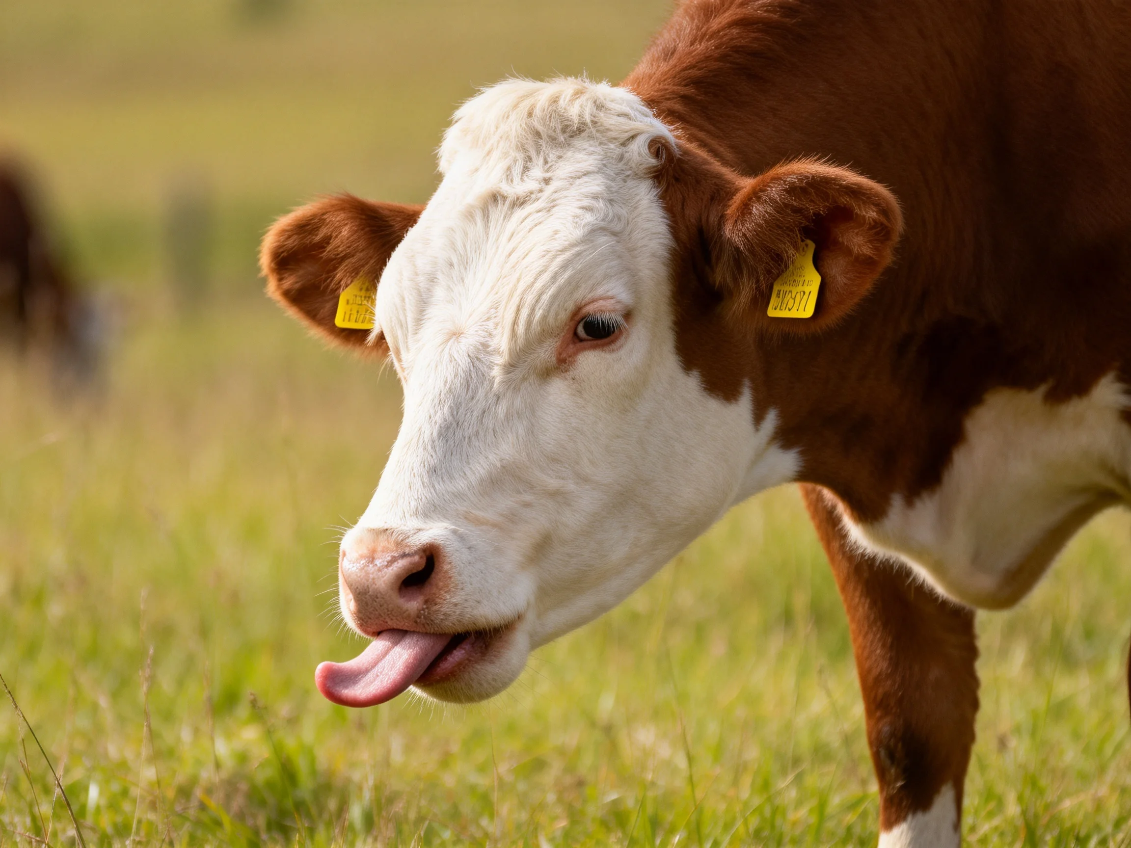 A brown and white cow sticking tongue out on lush green pasture