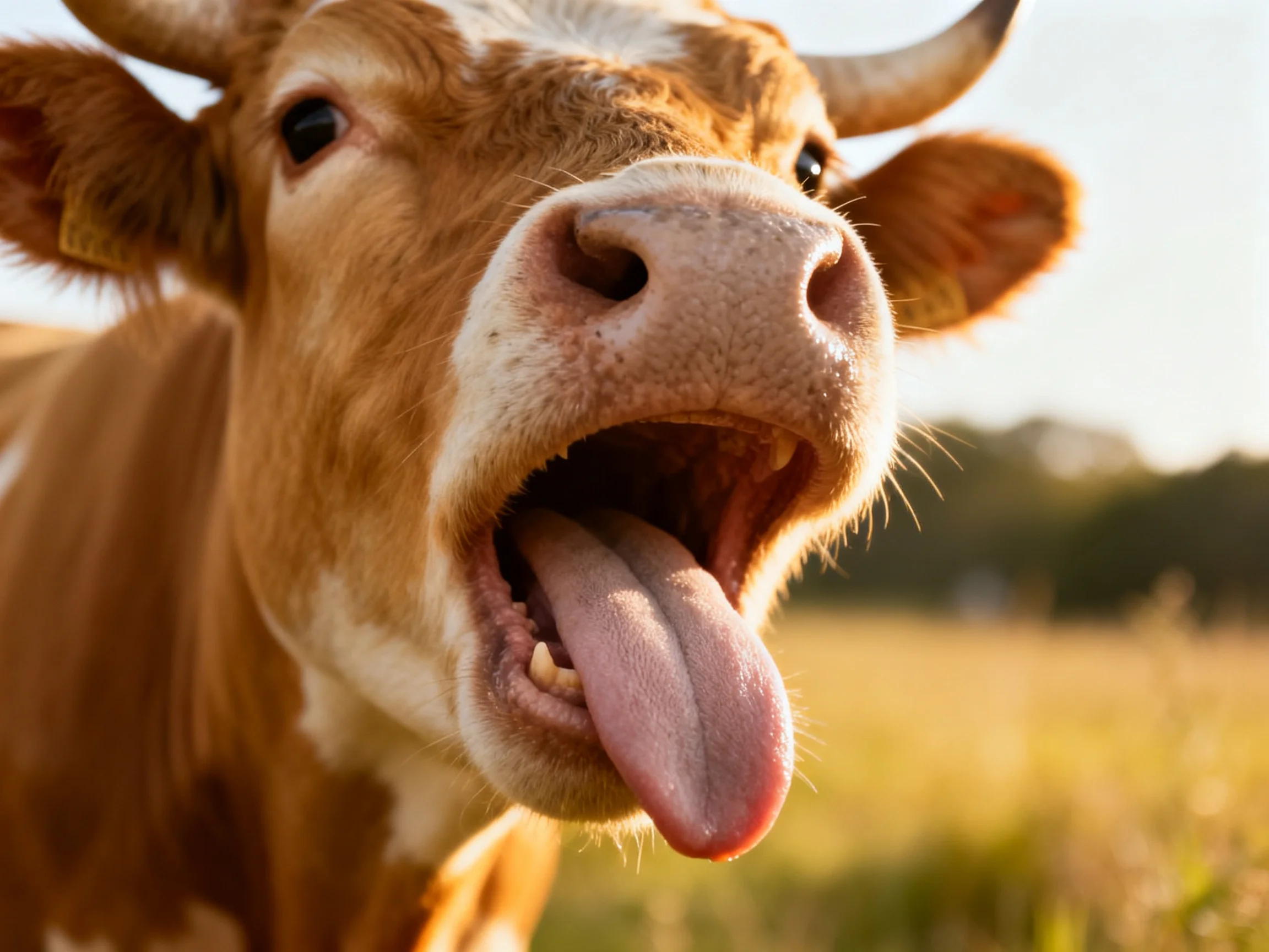 A brown and white cow sticks out its tongue in a sunlit field