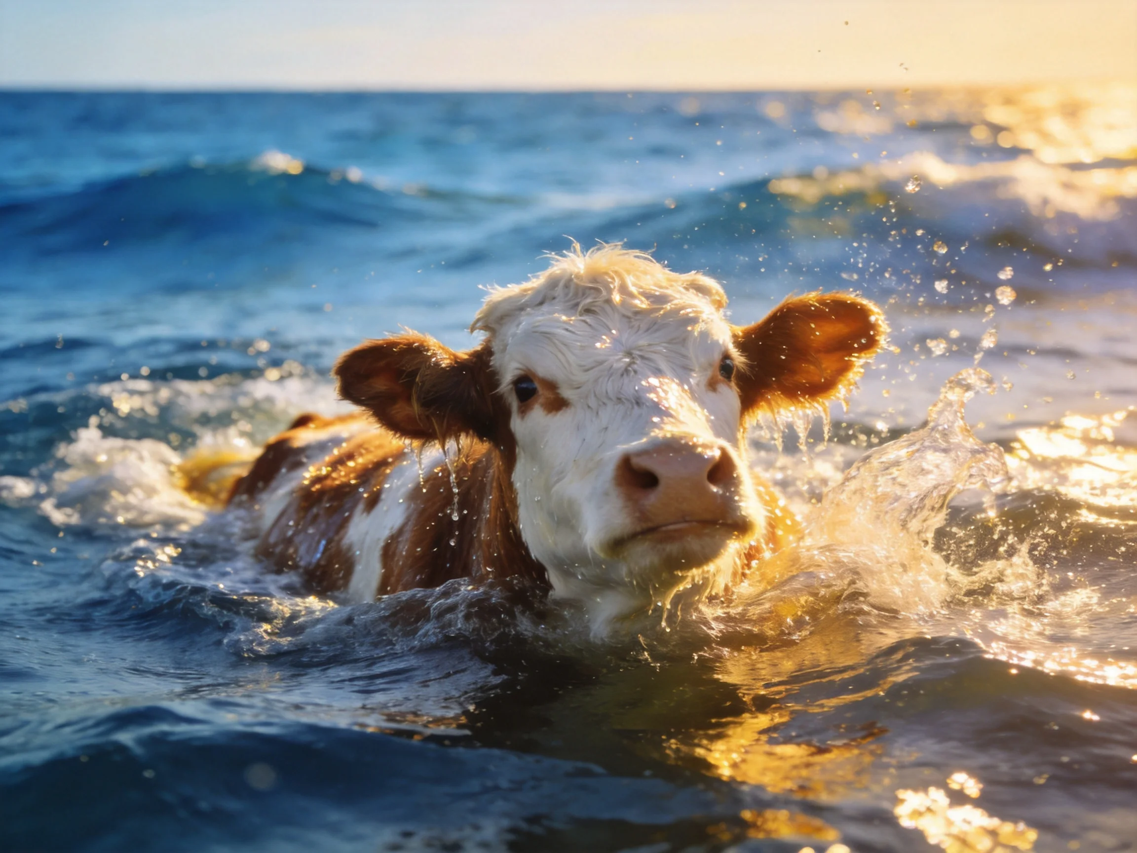 A brown and white cow swims through vibrant blue ocean waters