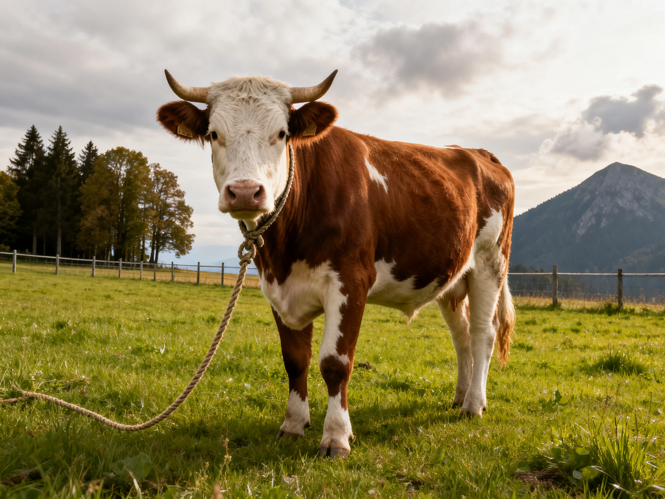 A brown and white cow tied by rope in a green pasture near mountains