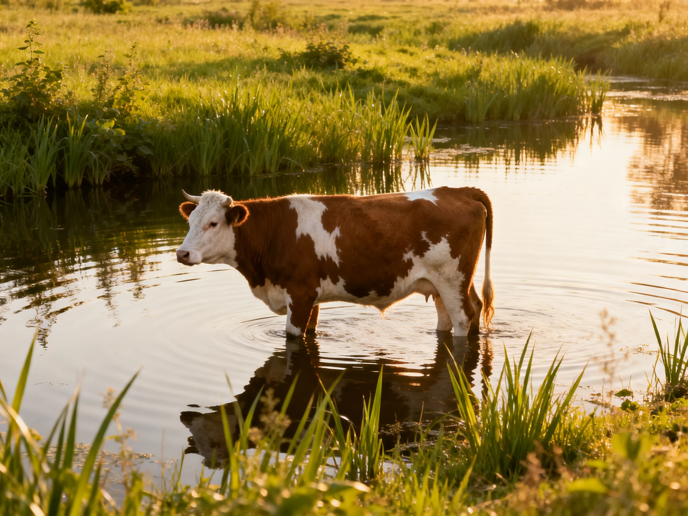 A brown and white cow wades in calm river waters near lush green vegetation