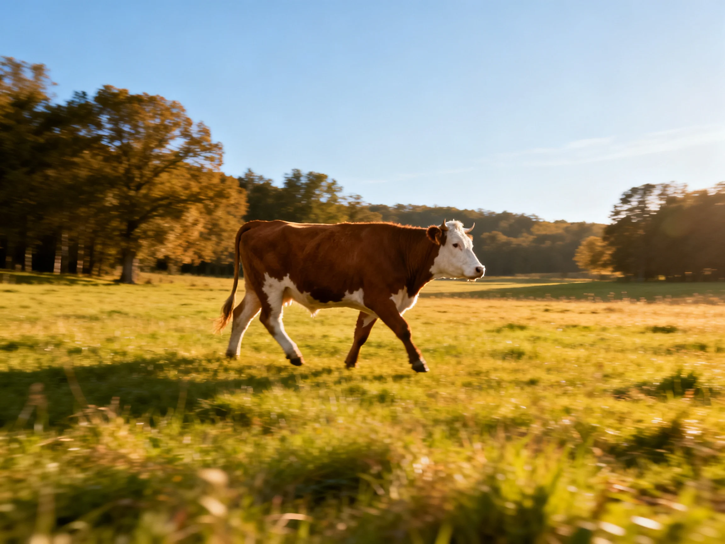 A brown and white cow walking through a sunlit green pasture