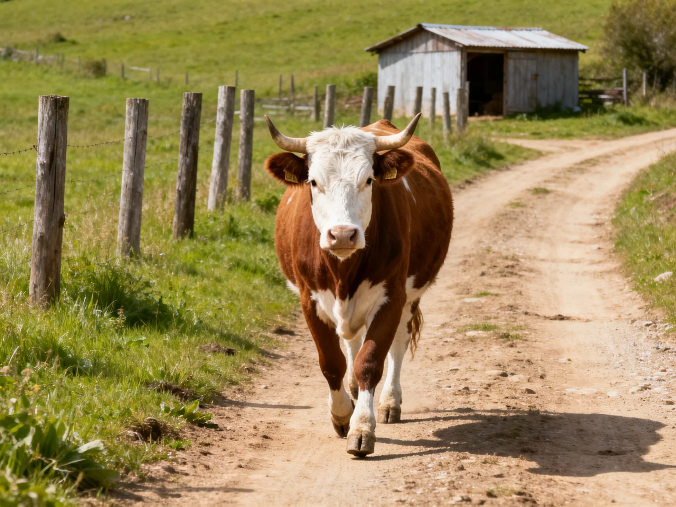 A brown and white cow walks down a dirt path near a wooden shed