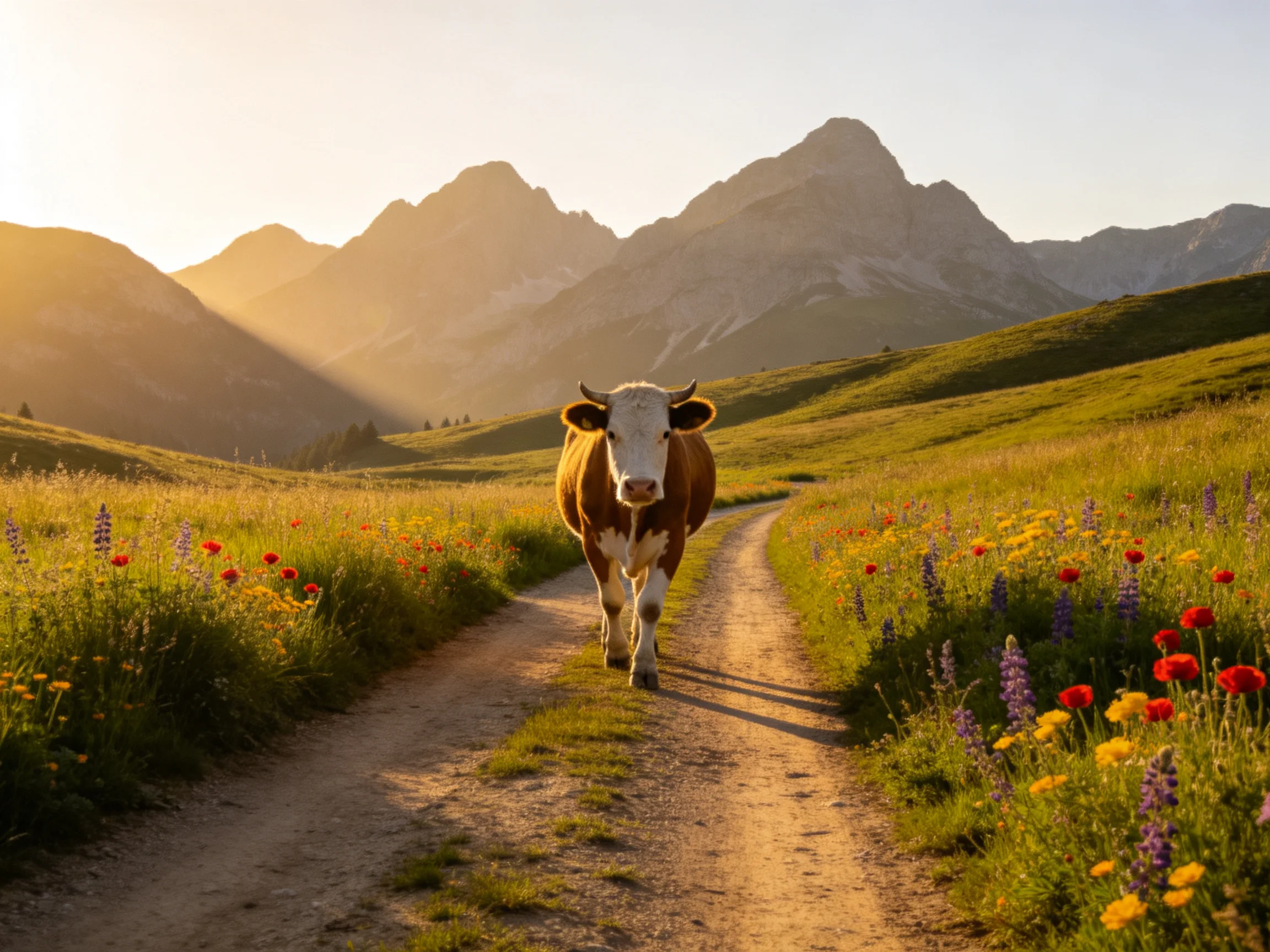 A brown and white cow walks down a flower-lined dirt path near mountain peaks