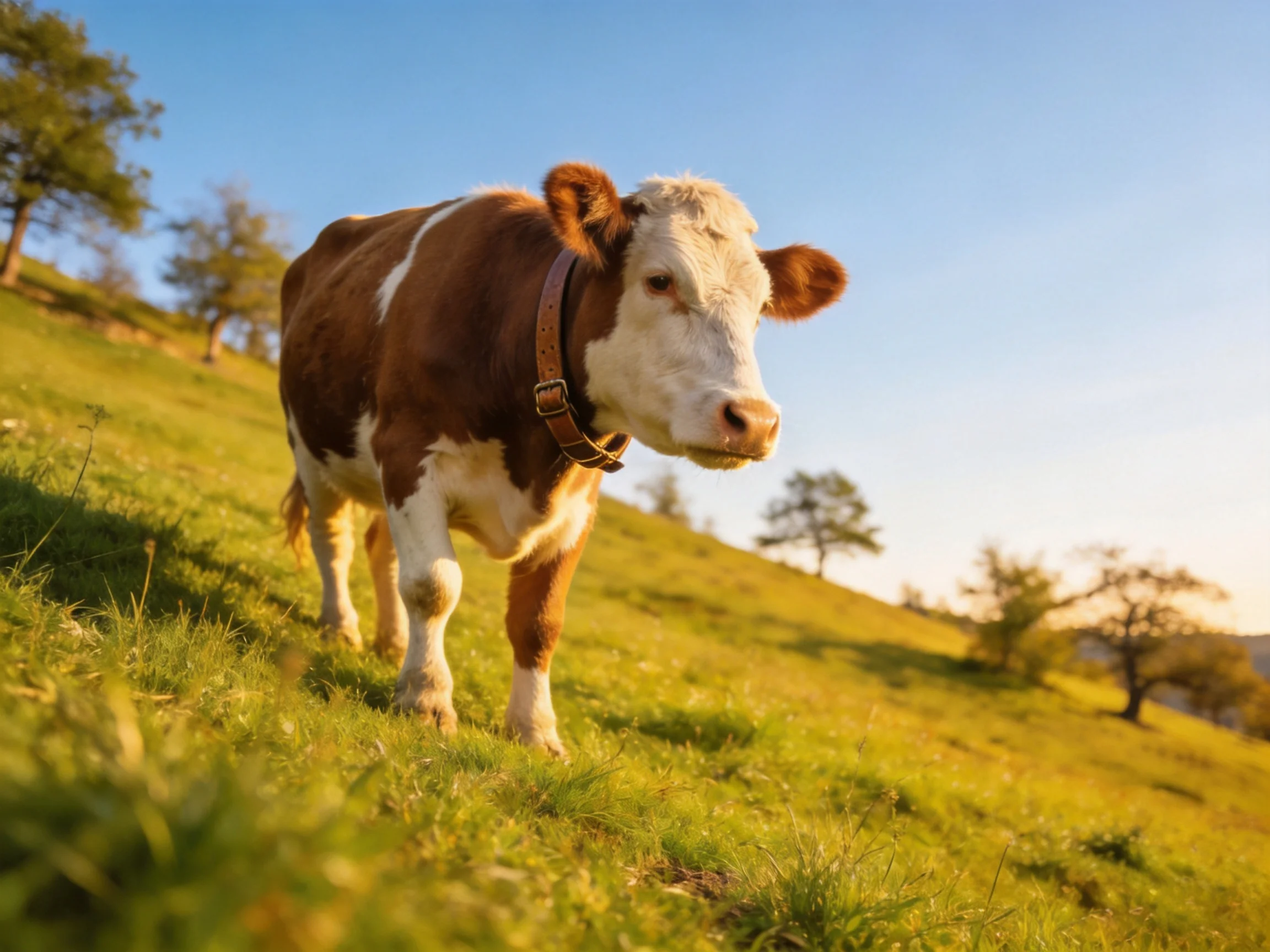 A brown and white cow walks on a sunlit grassy hillside with scattered trees