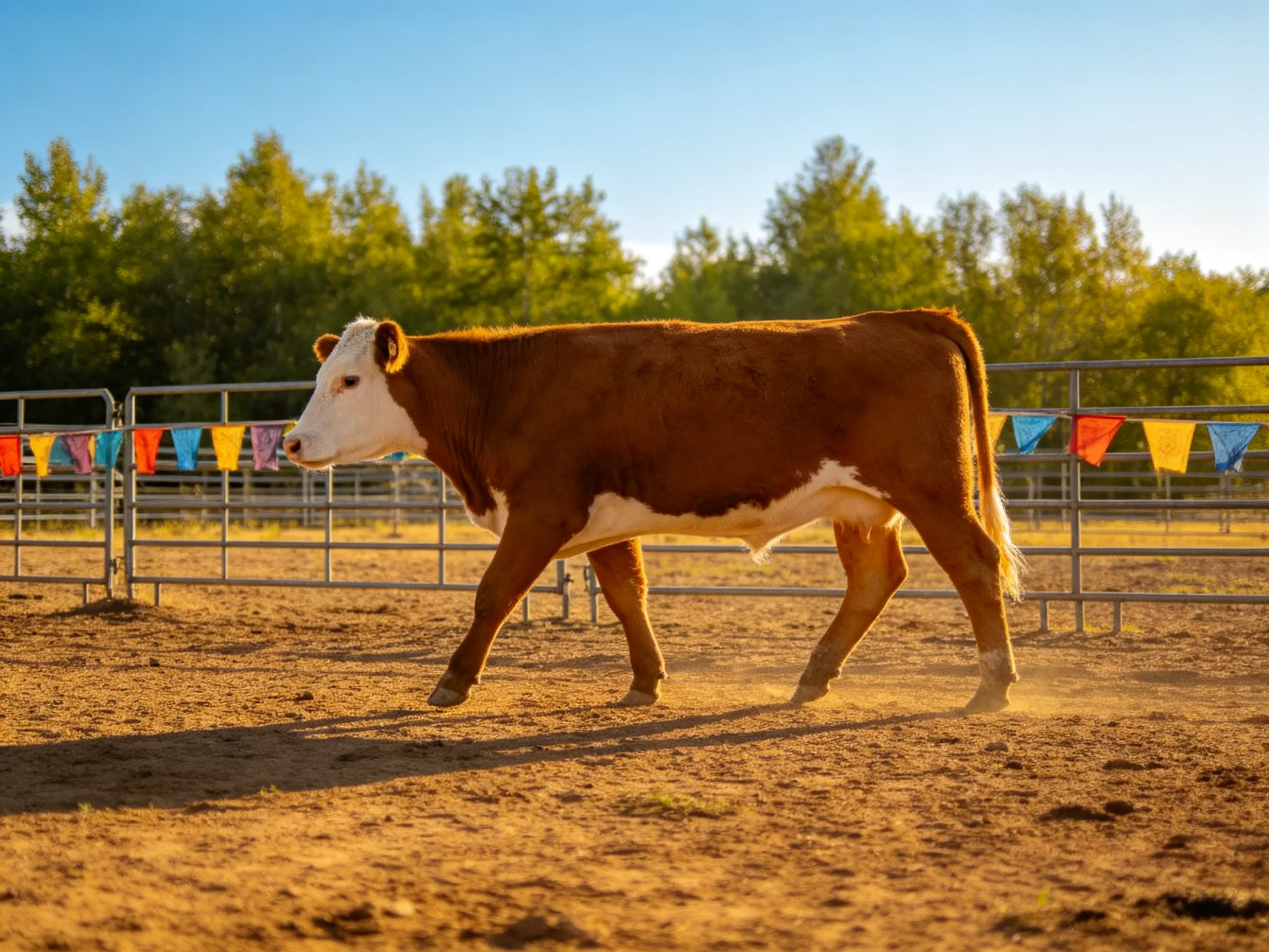 A brown and white cow walks through a fenced area with colorful pennants