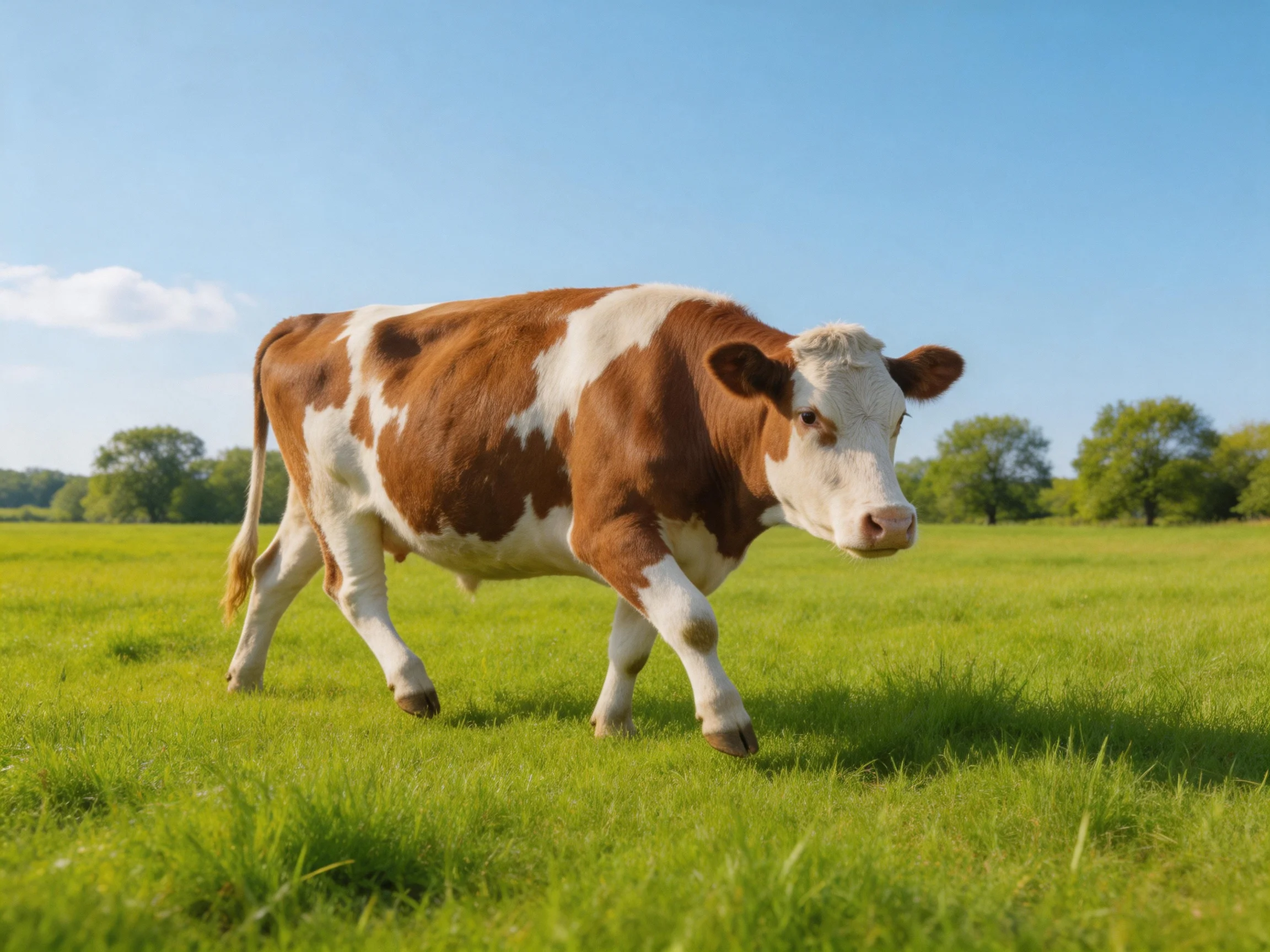 A brown and white cow walks through a sunny green meadow