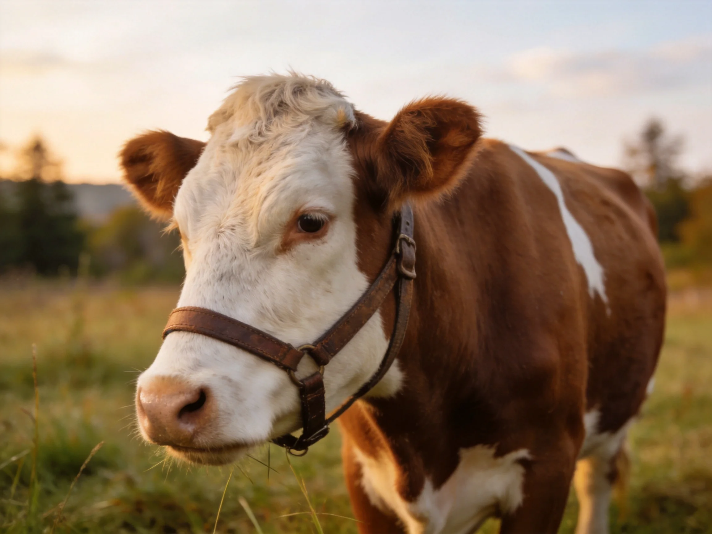 A brown and white cow wearing a halter in a sunlit field