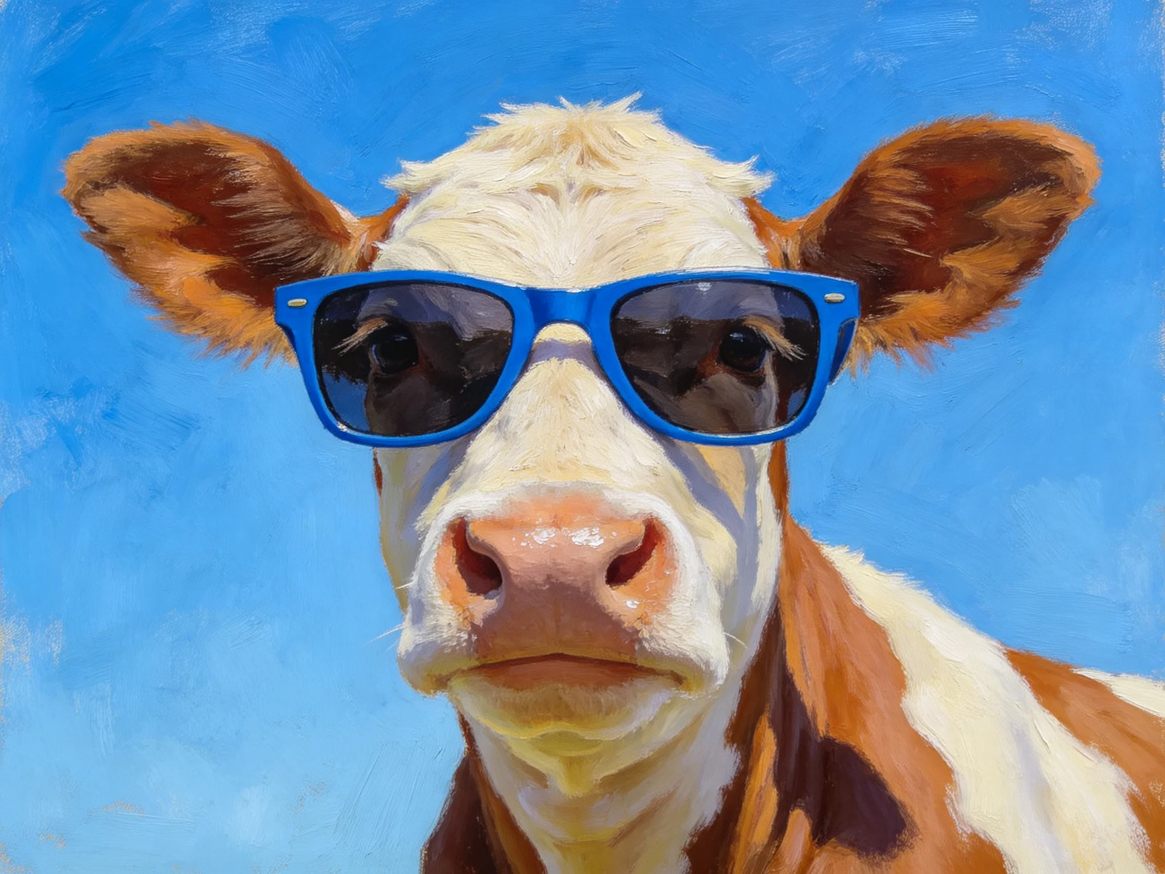 A brown and white cow wearing bright blue sunglasses under a clear blue sky