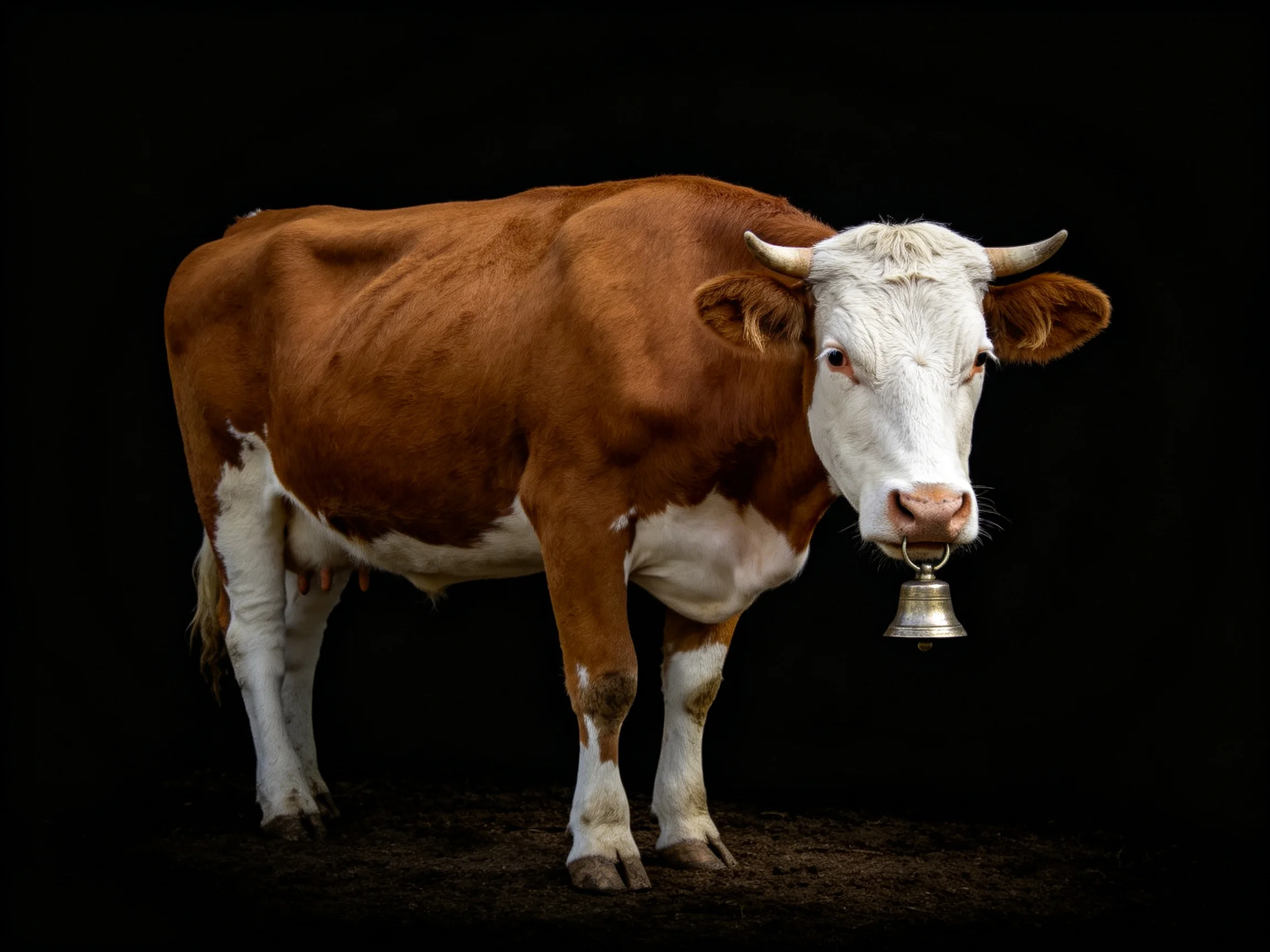 A brown and white cow with a bell against a dark backdrop