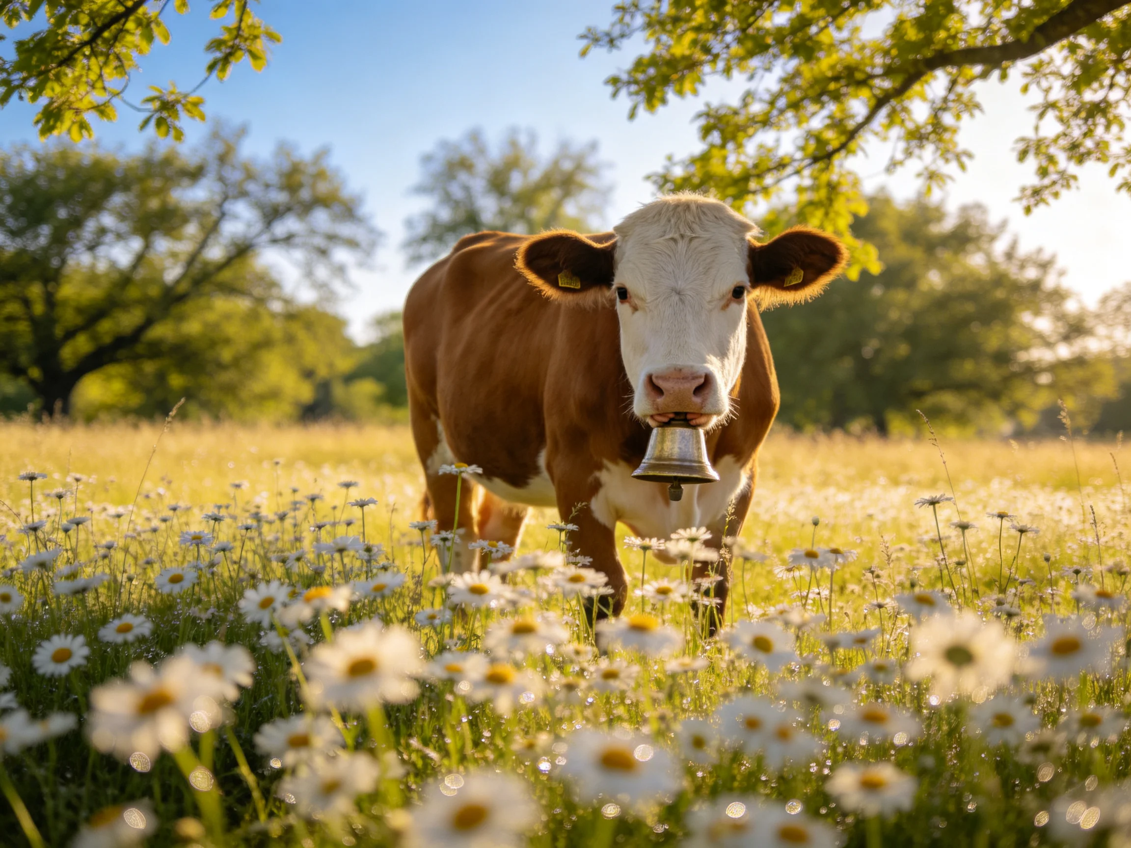A brown and white cow with a bell stands in a sunny meadow full of daisies.