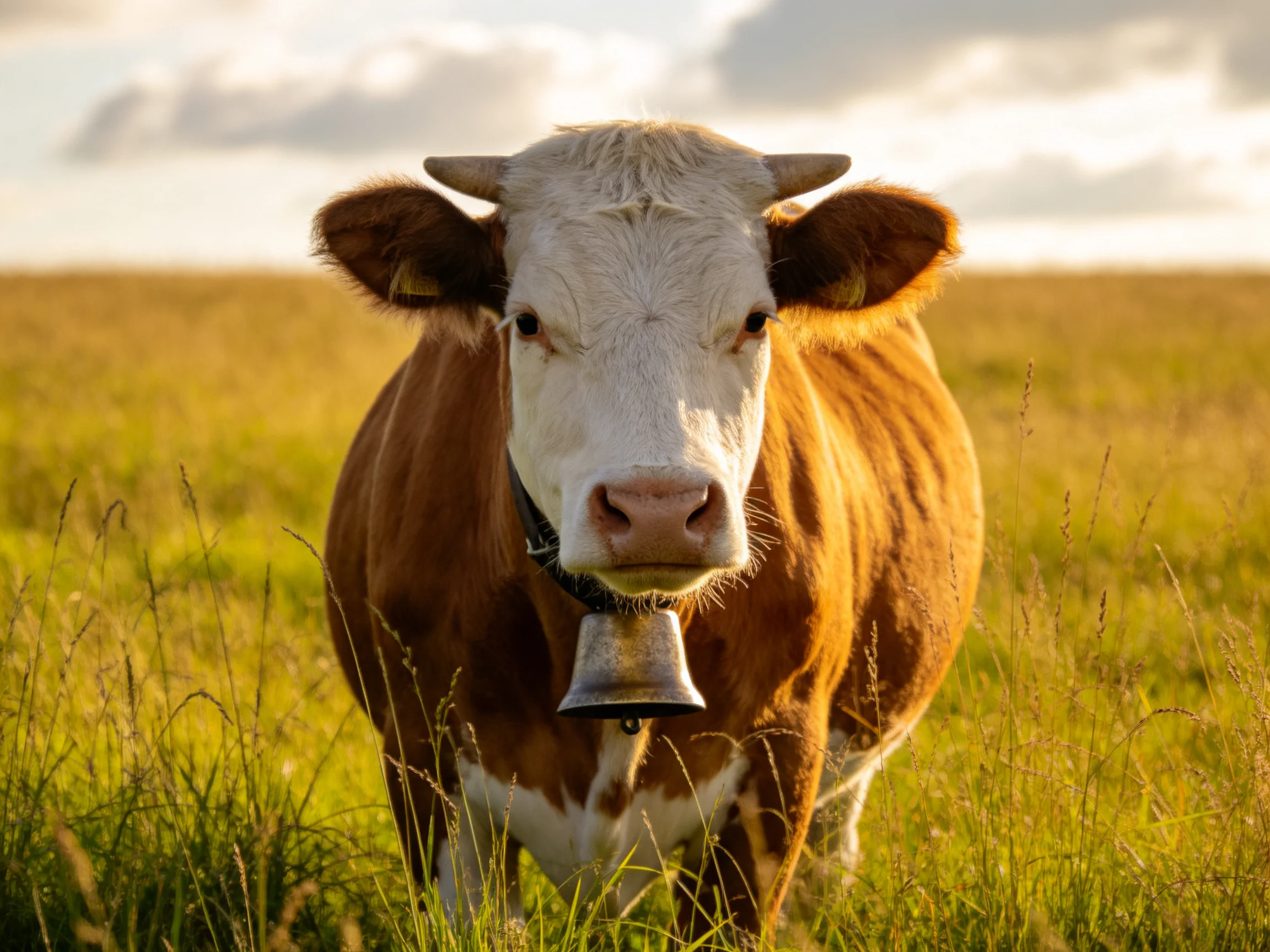 A brown and white cow with a bell in a golden field