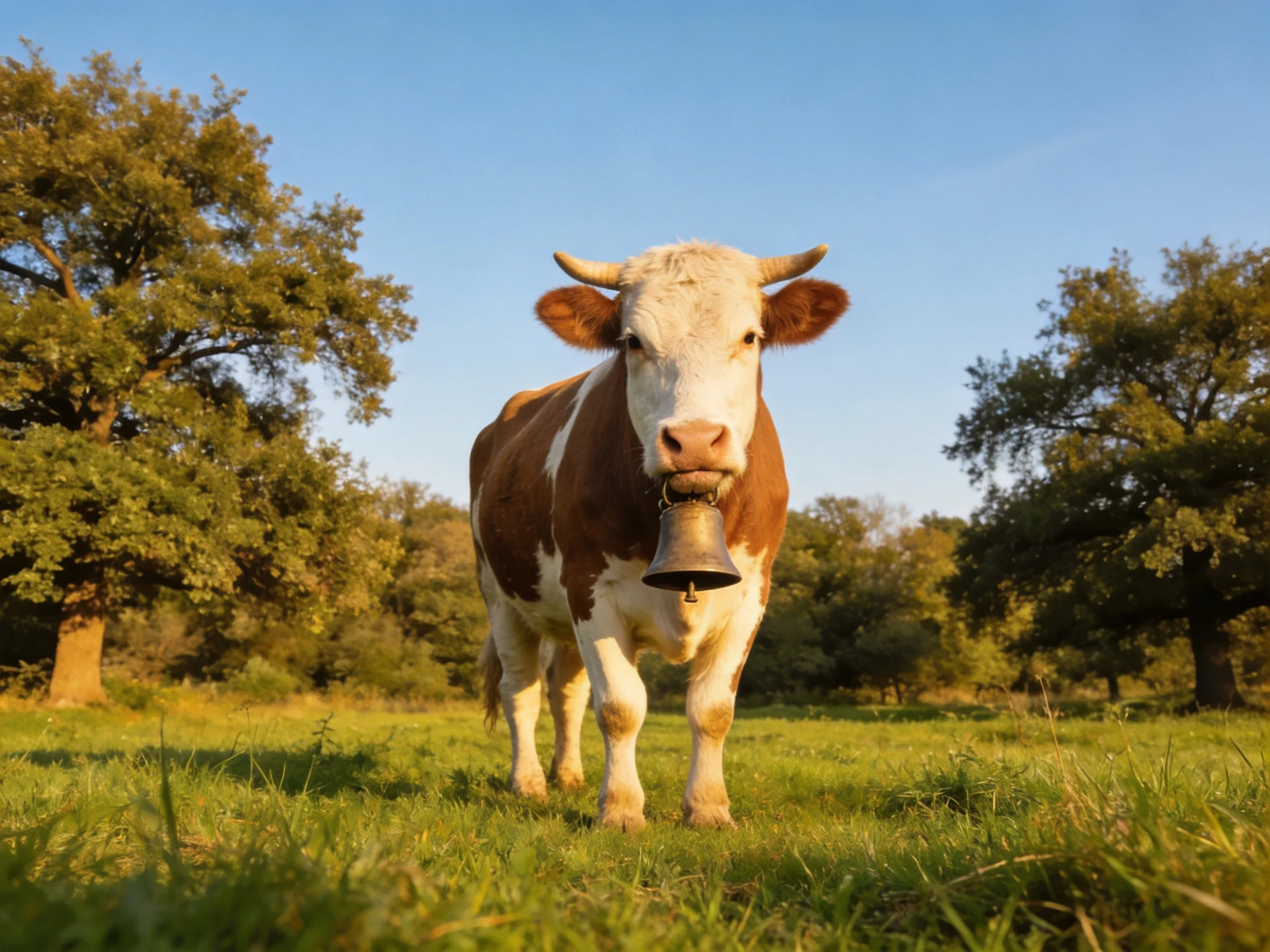 A brown-and-white cow with a bell in a sunlit grassy meadow
