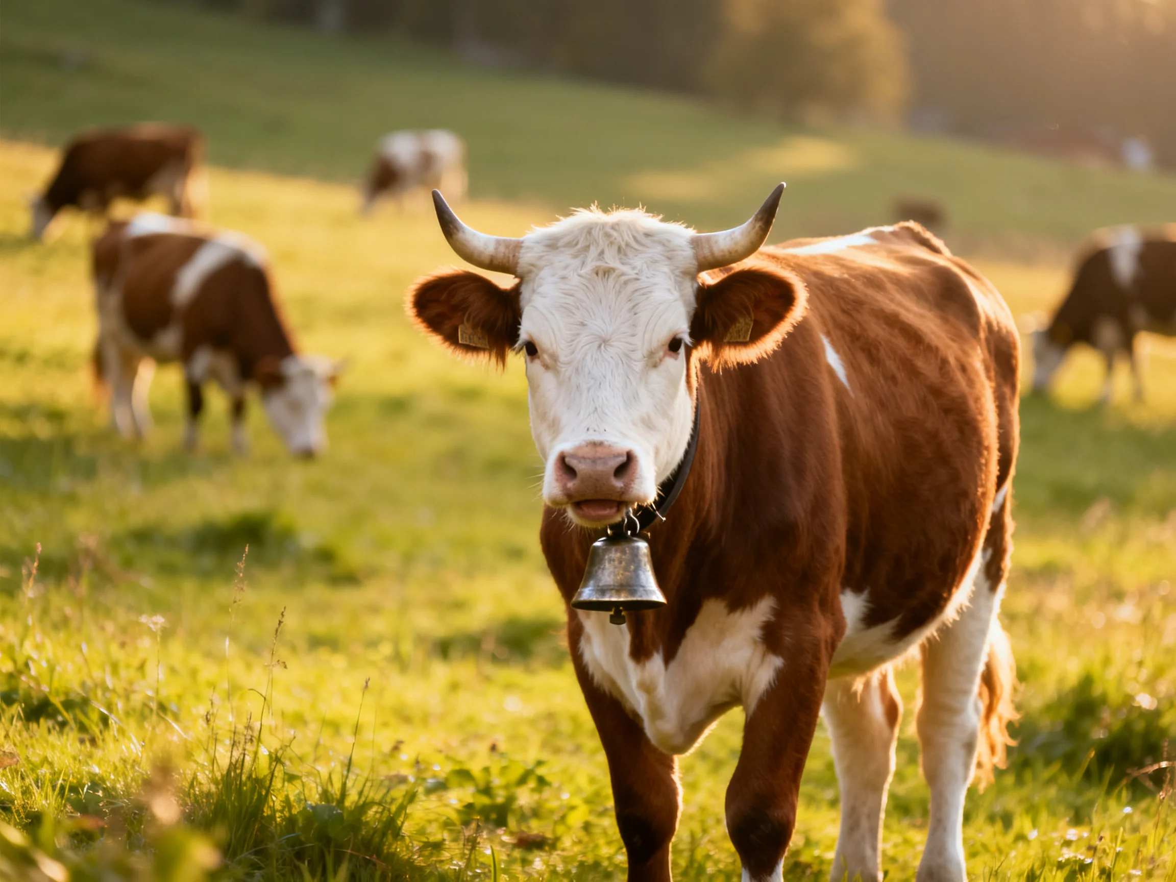 A brown and white cow with a bell is centered in a sunlit meadow surrounded other cows.