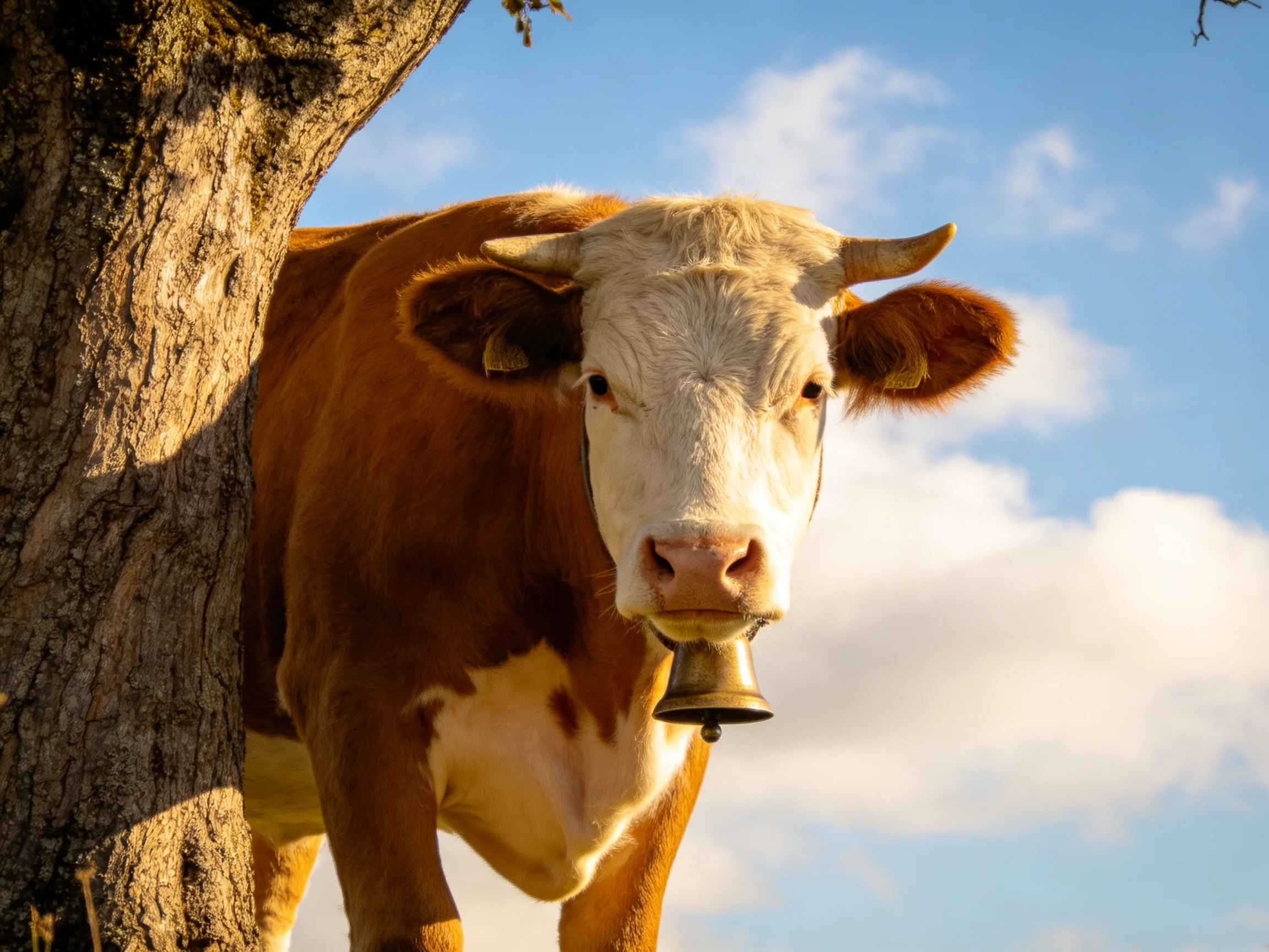 A brown and white cow with a bell stands near a large tree under a clear blue sky.
