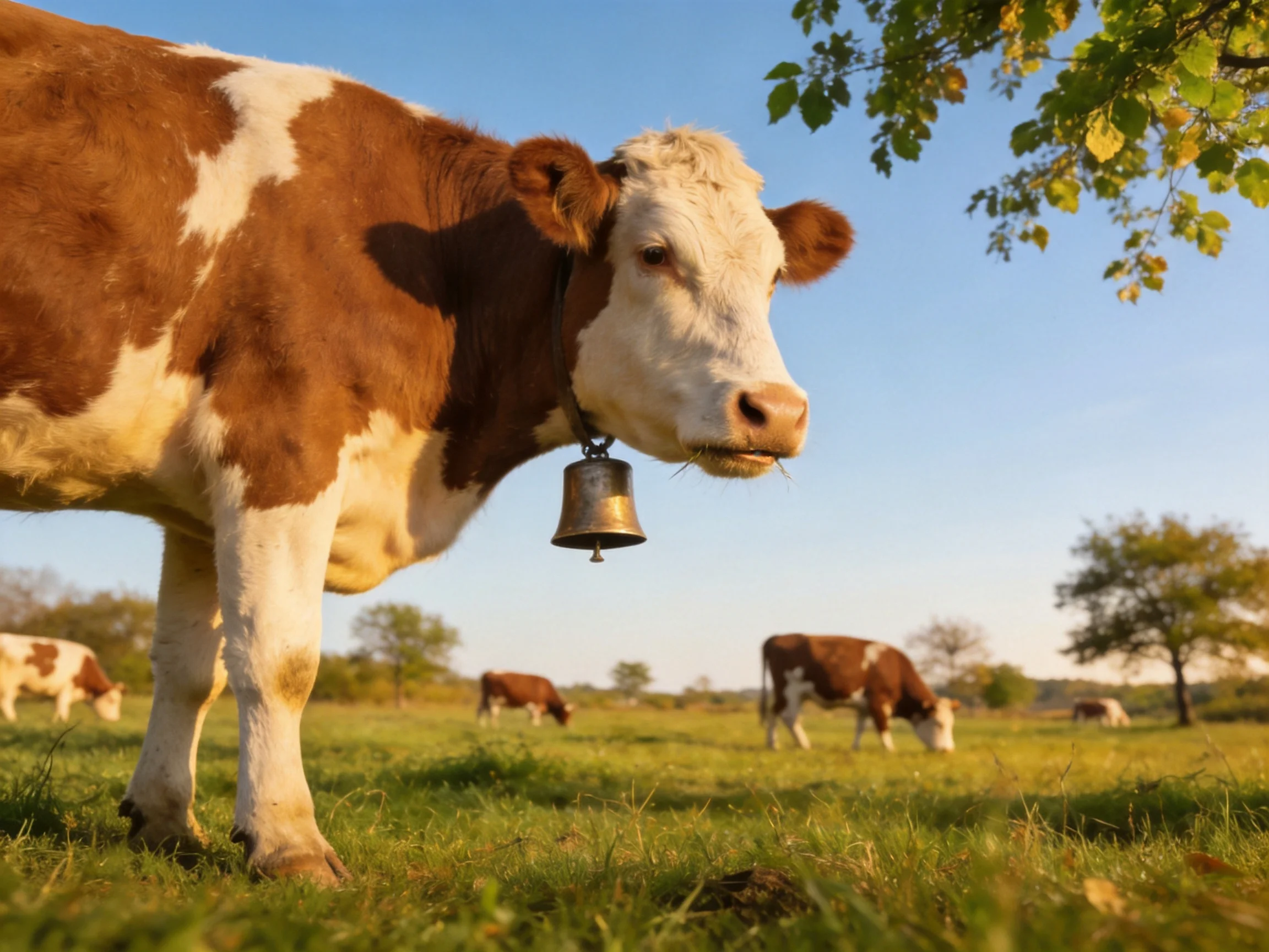 A brown and white cow with a bell grazes in a sunny pasture with other cows.