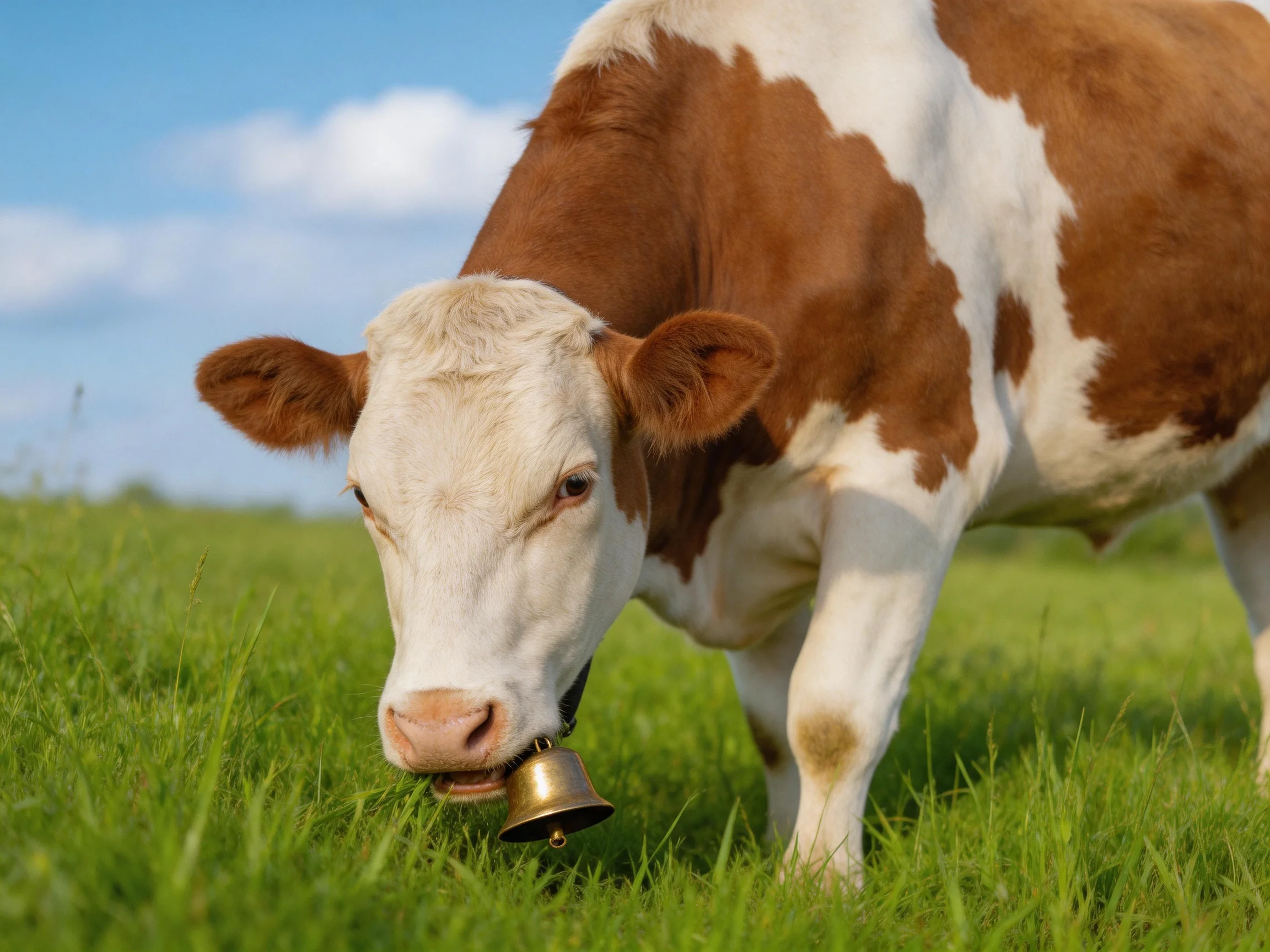 A brown and white cow with a brass bell grazes in a lush green meadow