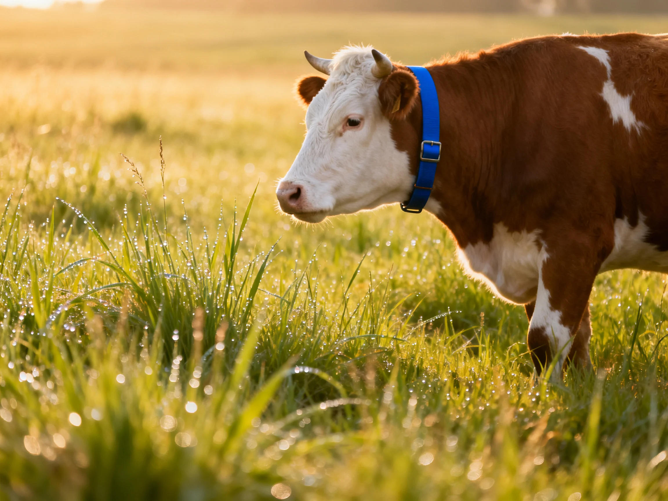 A brown and white cow with a bright blue collar in a dewy green pasture