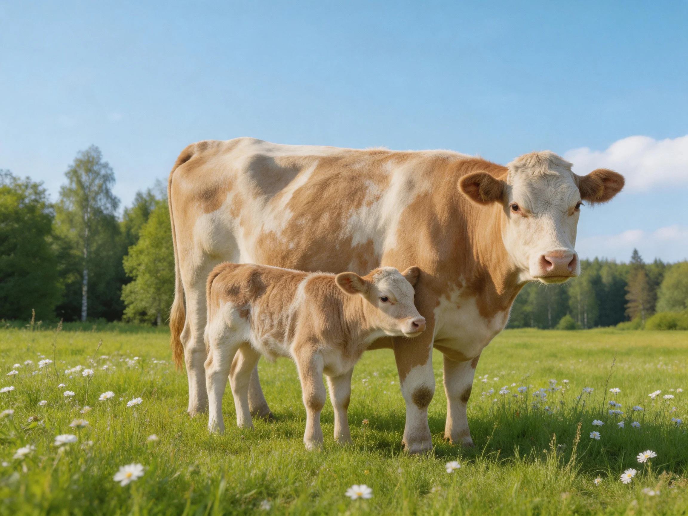 A brown and white cow with a calf in a flowered meadow
