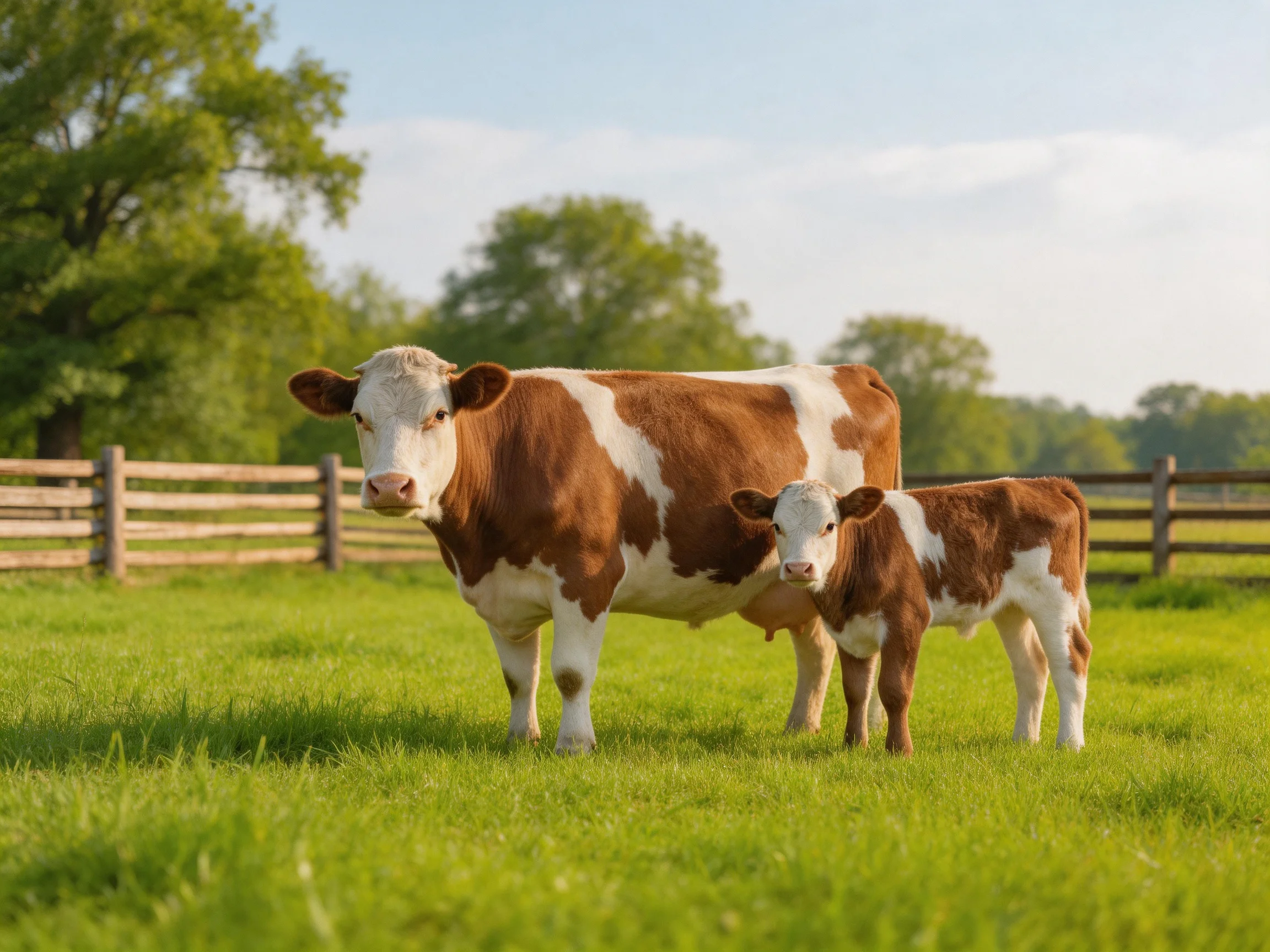 A brown and white cow with a calf in a green pasture near wooden fences