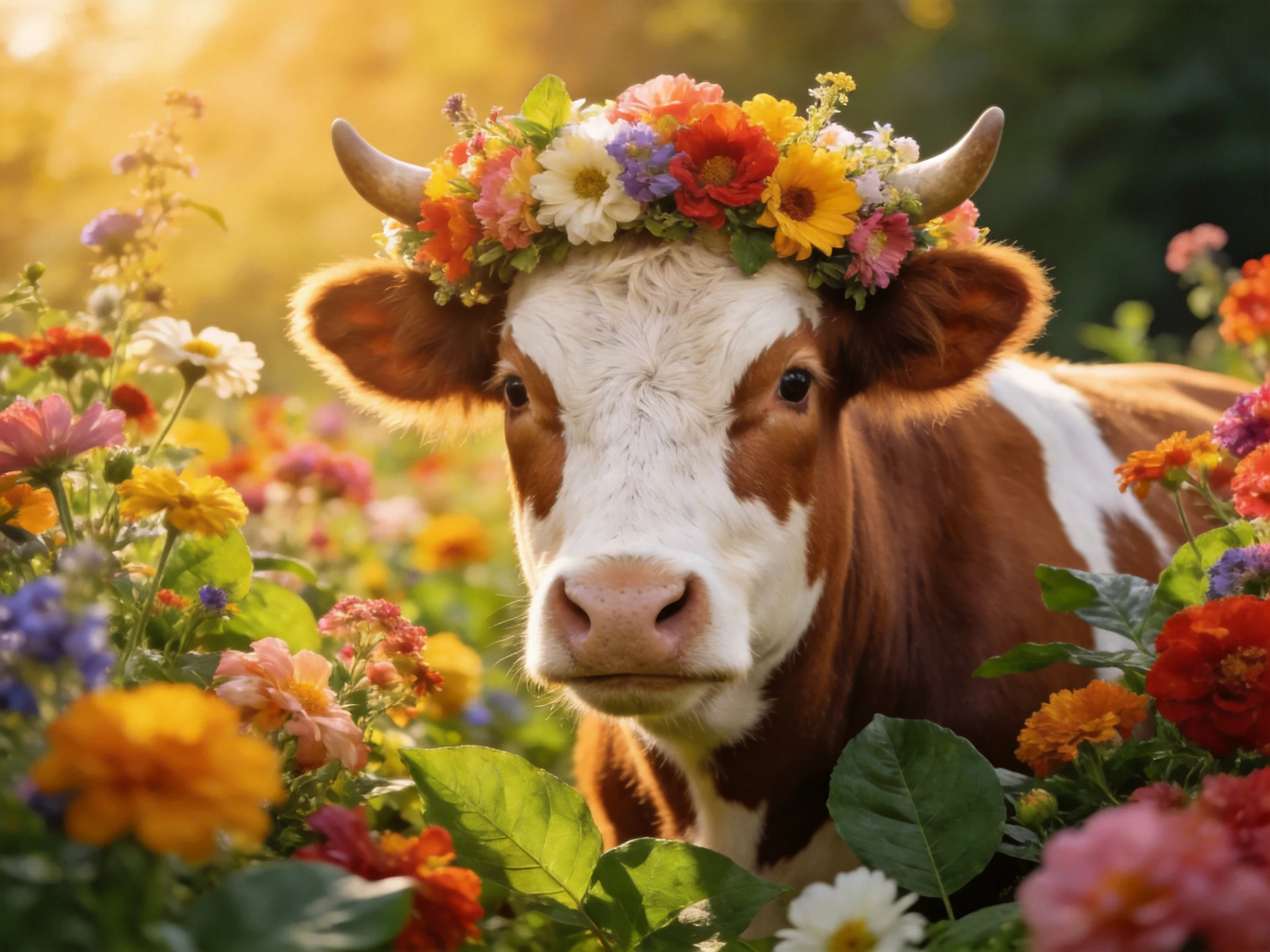 A brown-and-white cow with a colorful floral crown in a sunlit flower field