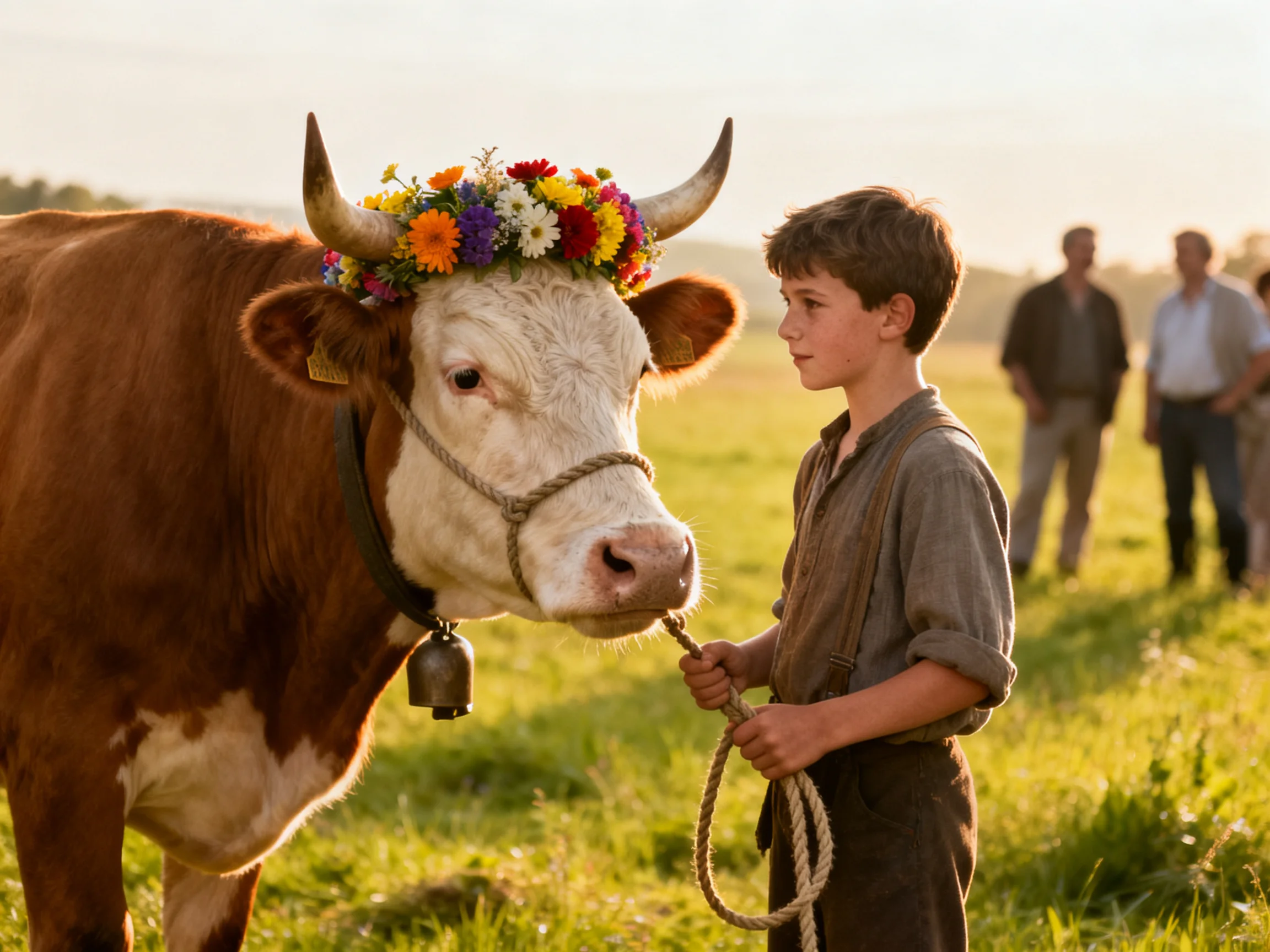A boy stands next to a flower-decorated cow in a sunny field.