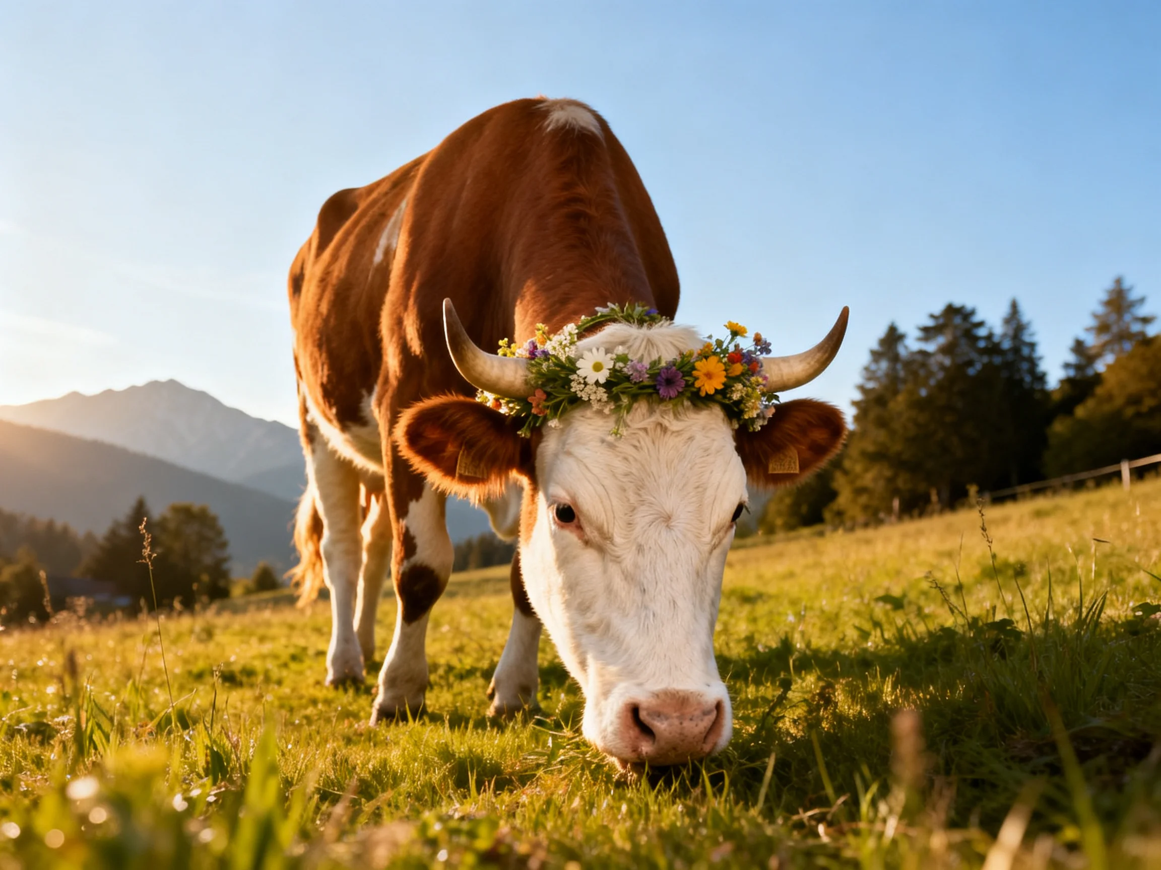 A brown and white cow with a floral crown grazing in a sunlit meadow
