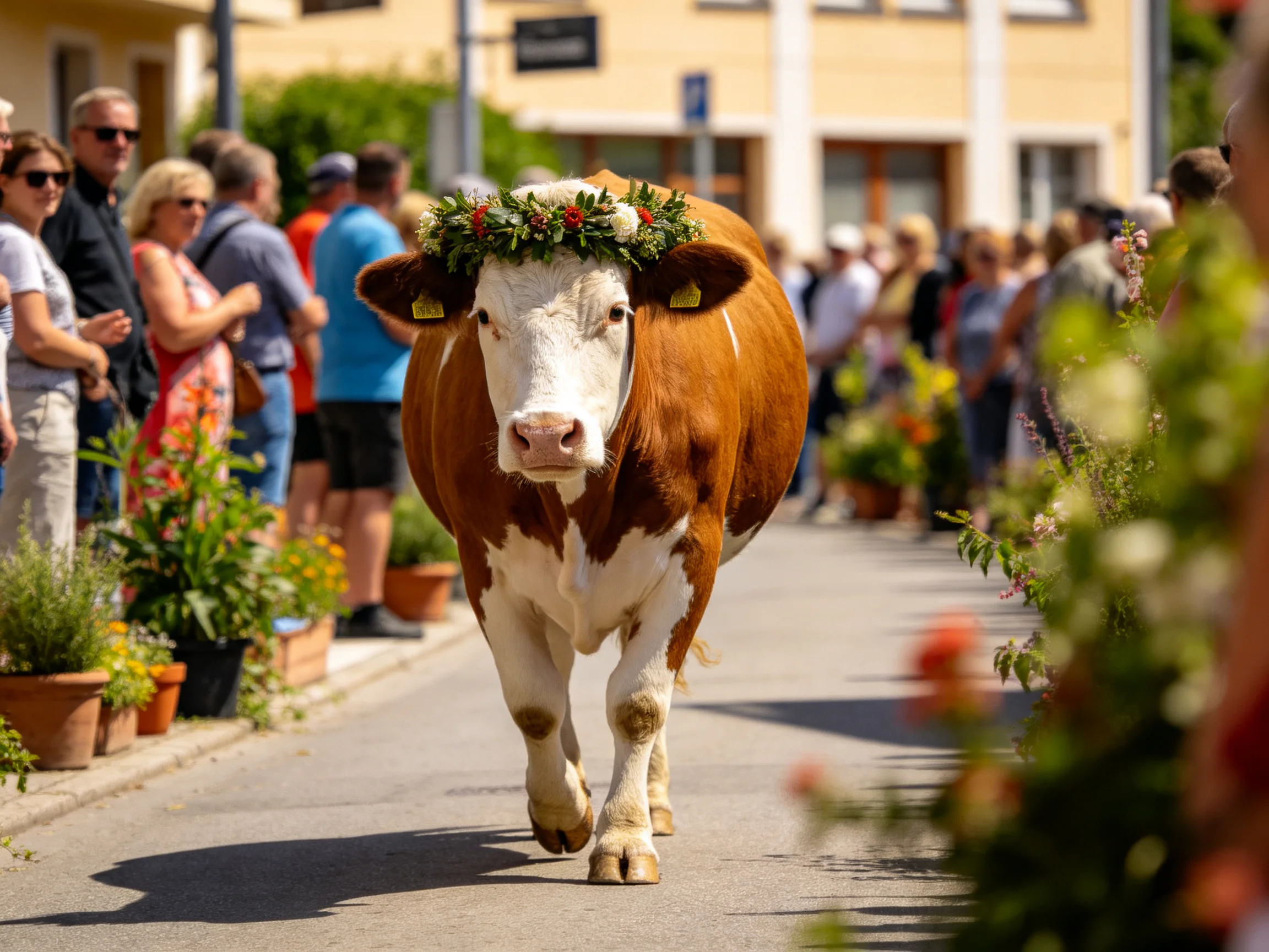 A brown-and-white cow with a floral wreath parades down a village street