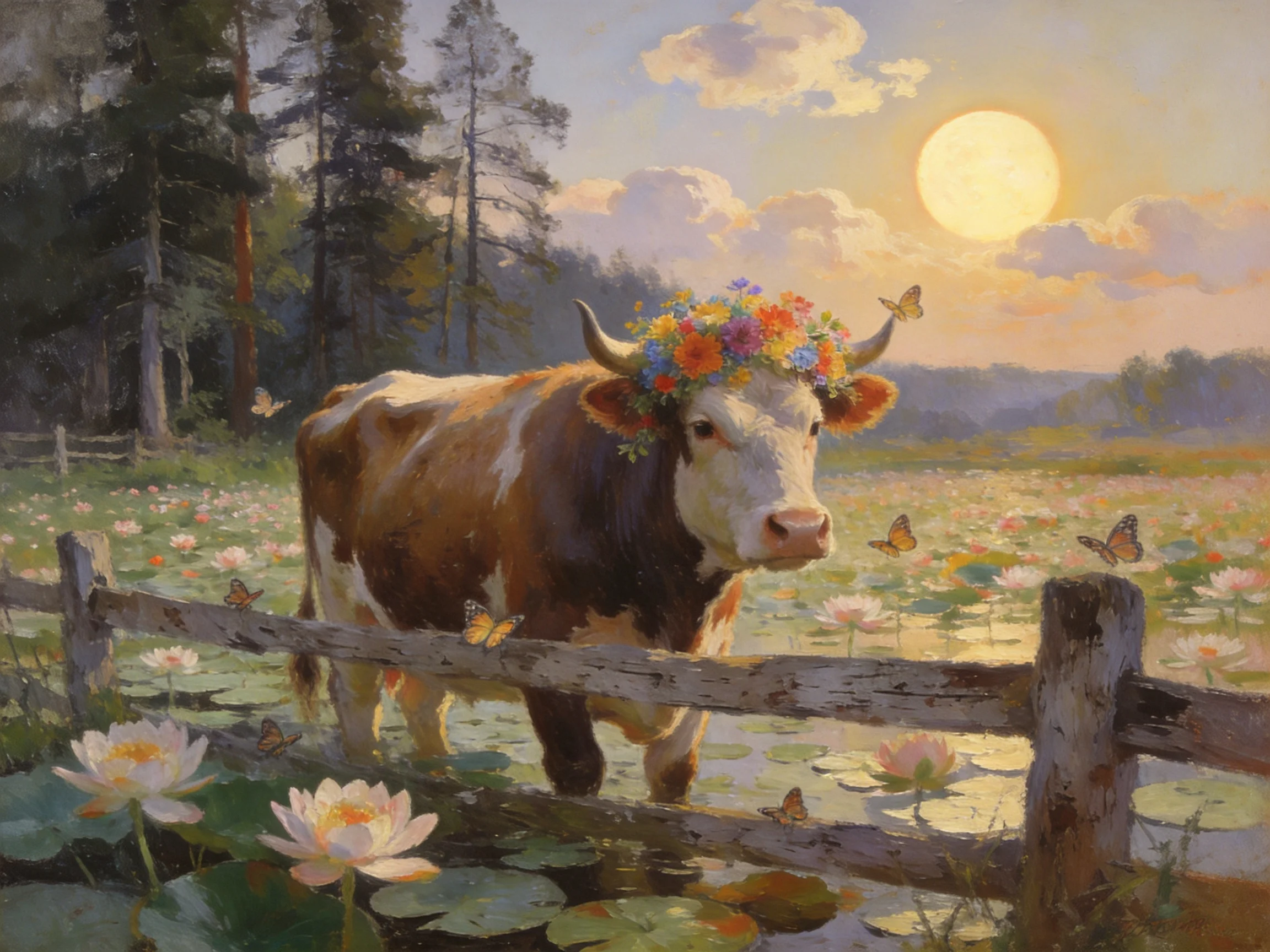 A brown-and-white cow with a flower crown in a lily-filled meadow