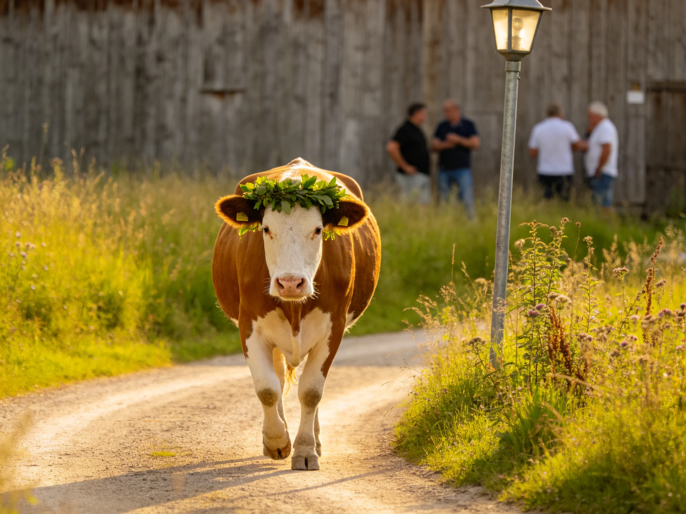A decorated cow walks down a dirt path near a wooden barn with people nearby.