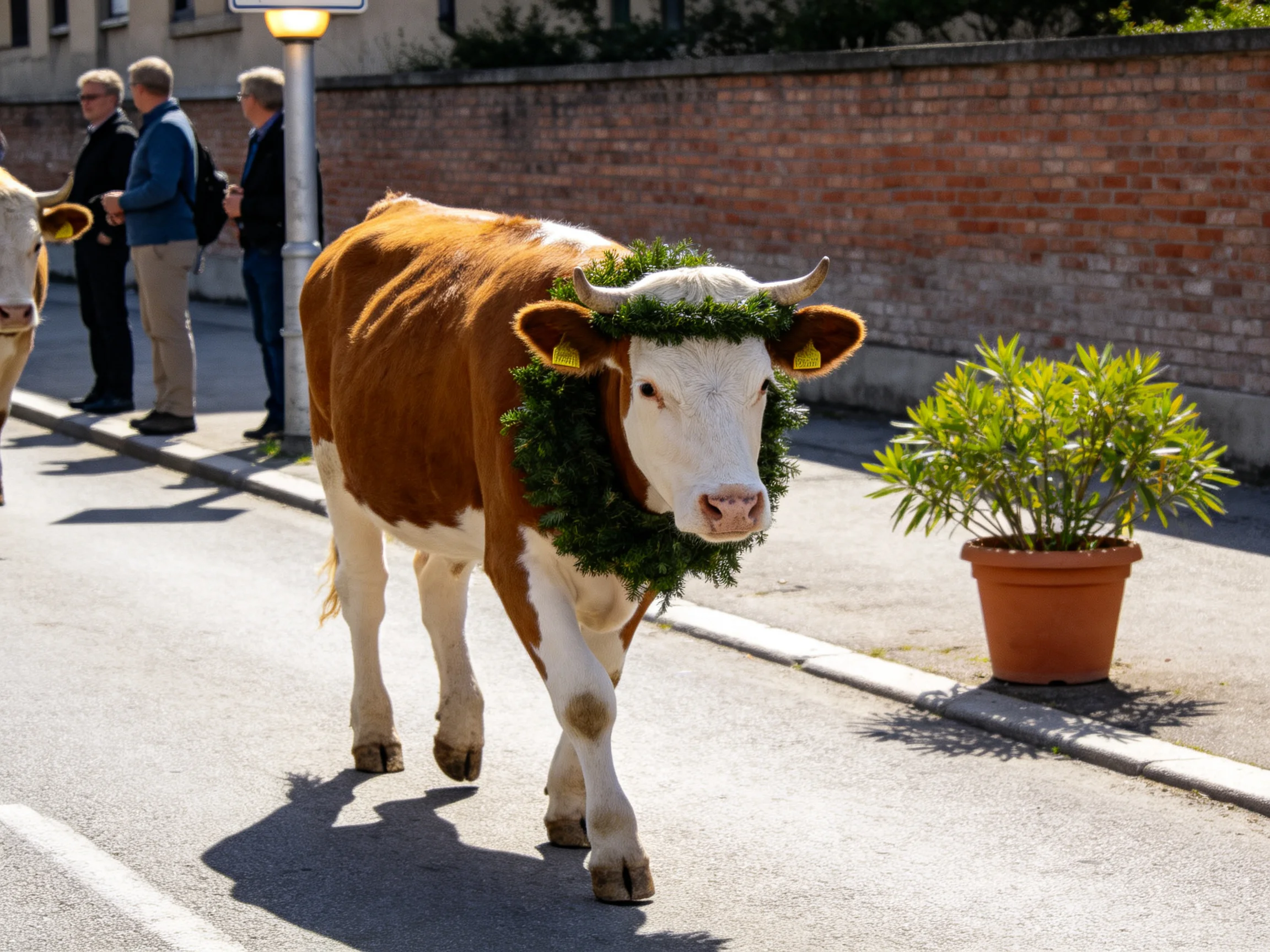 A decorated brown-and-white cow walks past onlookers on a sunny day.