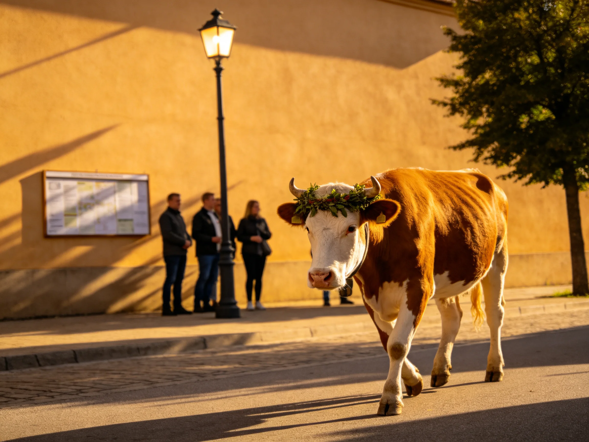 A decorated cow walks down a street with onlookers near a yellow building