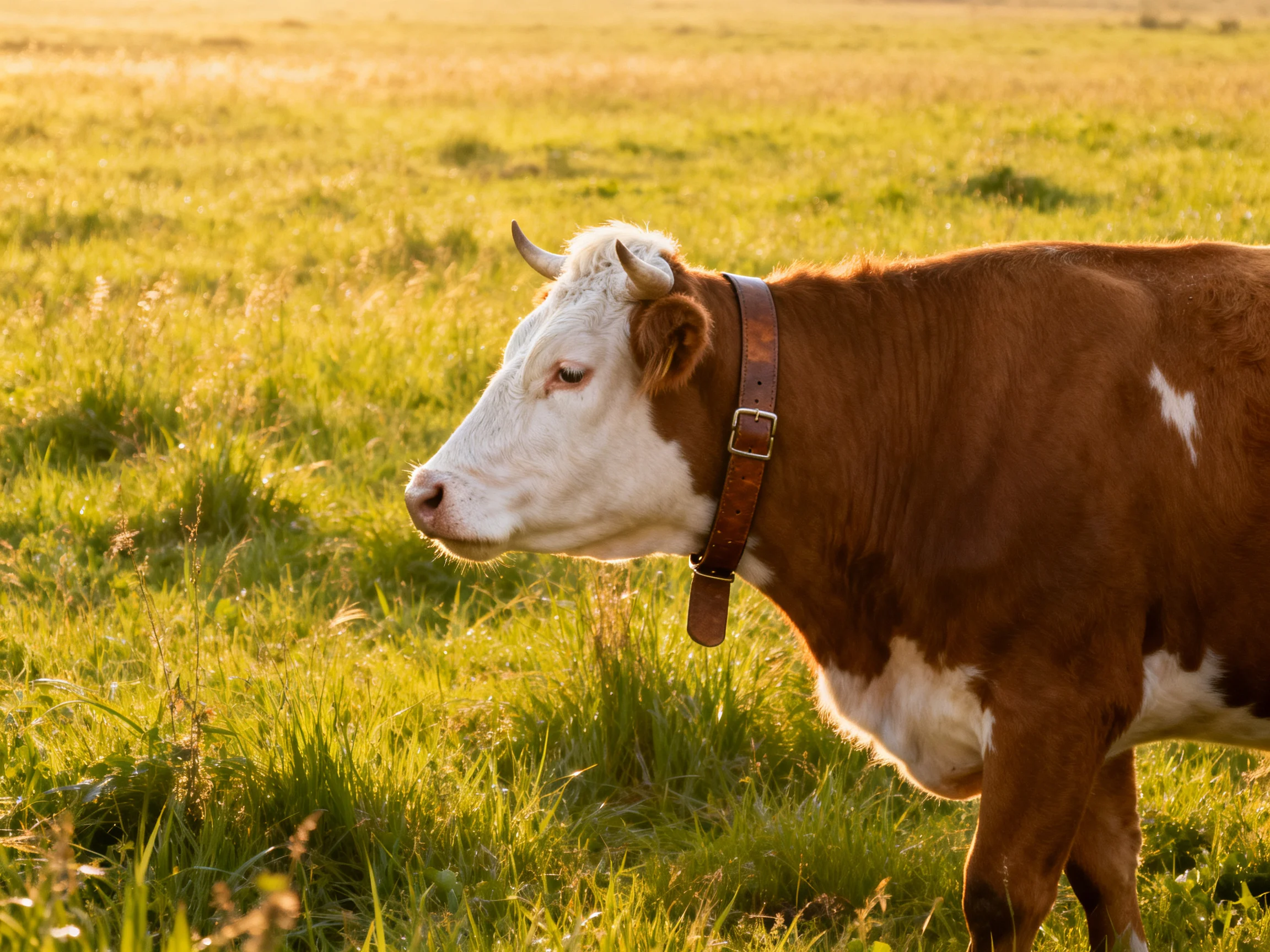 A brown and white cow with a leather collar in a sunlit grassy field