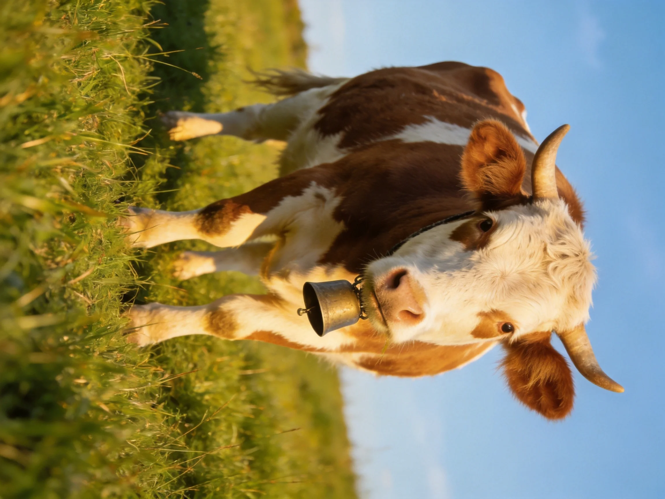 A brown and white cow with a metal bell stands in a lush green meadow