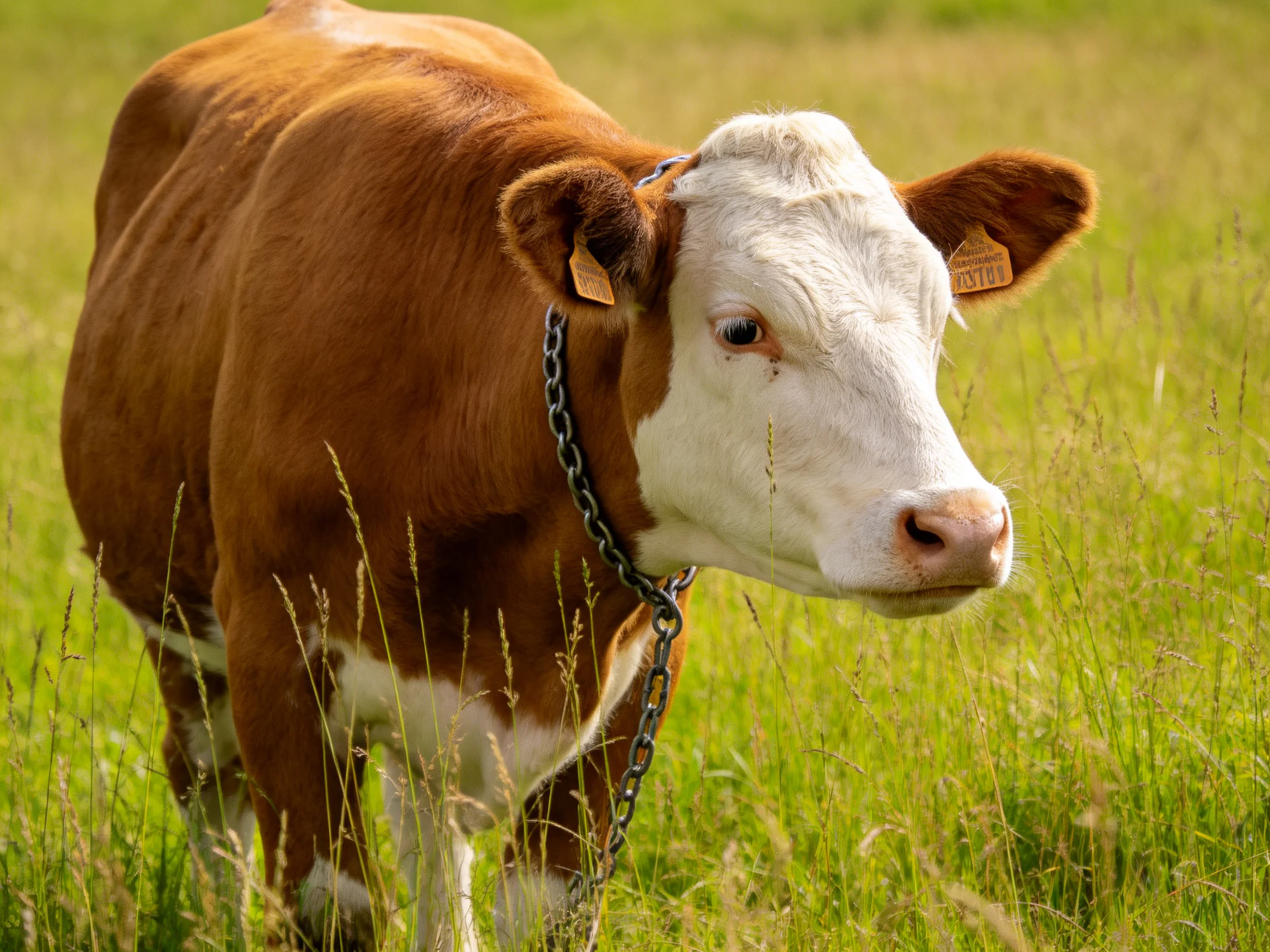 A brown and white cow with a metal chain in a sunlit grassy field