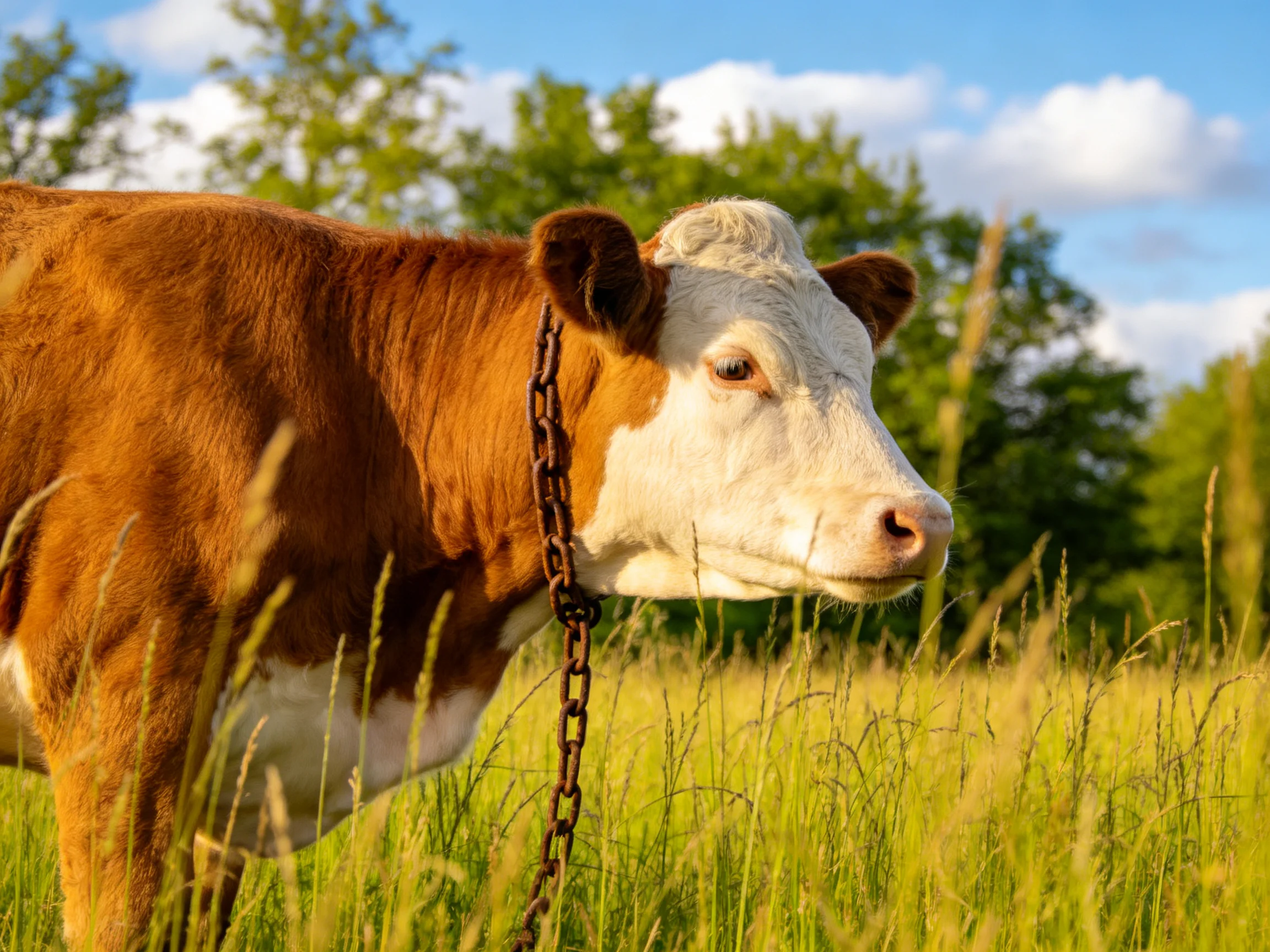 A brown and white cow with a metal chain in a sunlit meadow