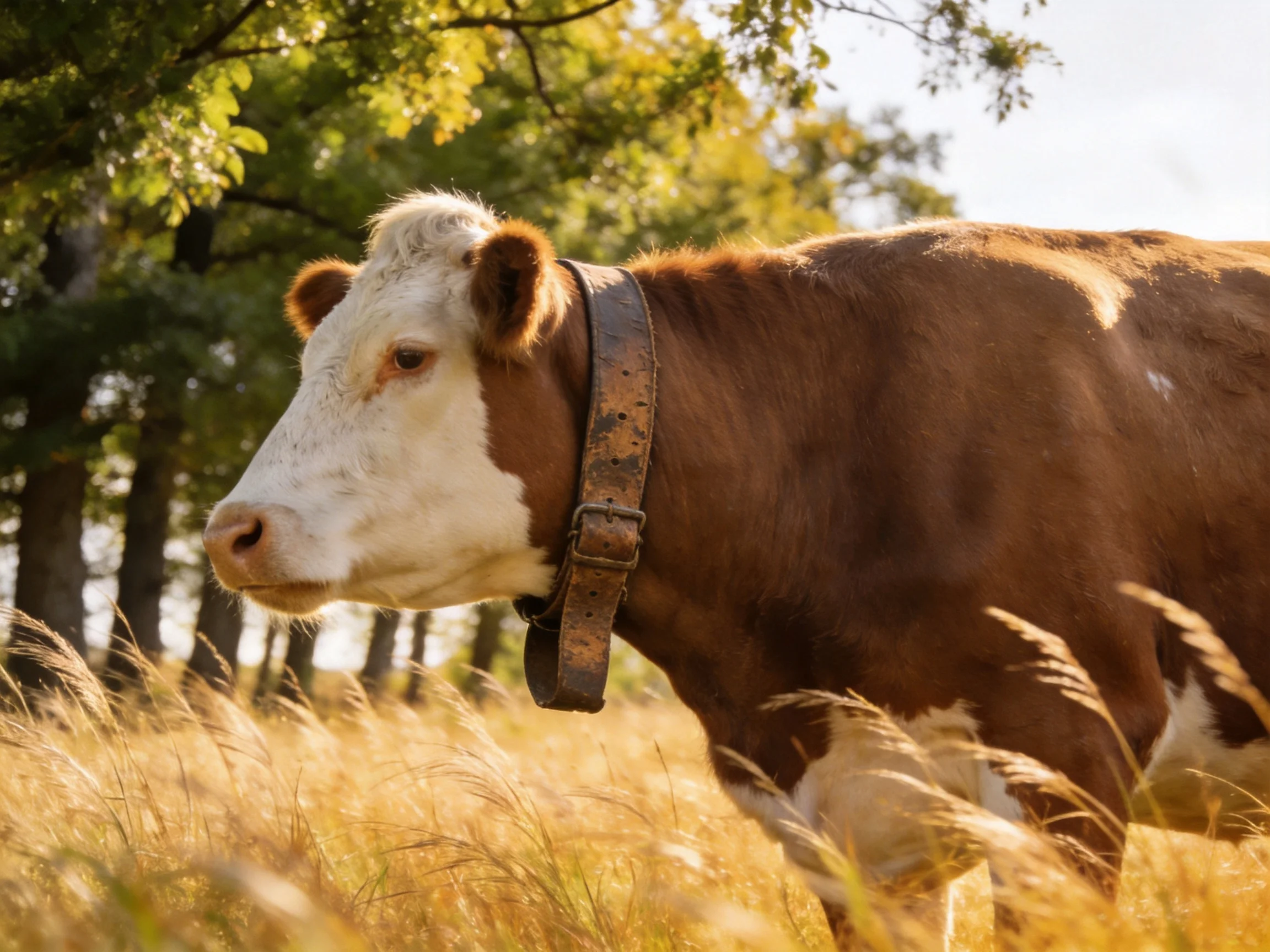 A brown and white cow with a metal collar in a golden field near green trees