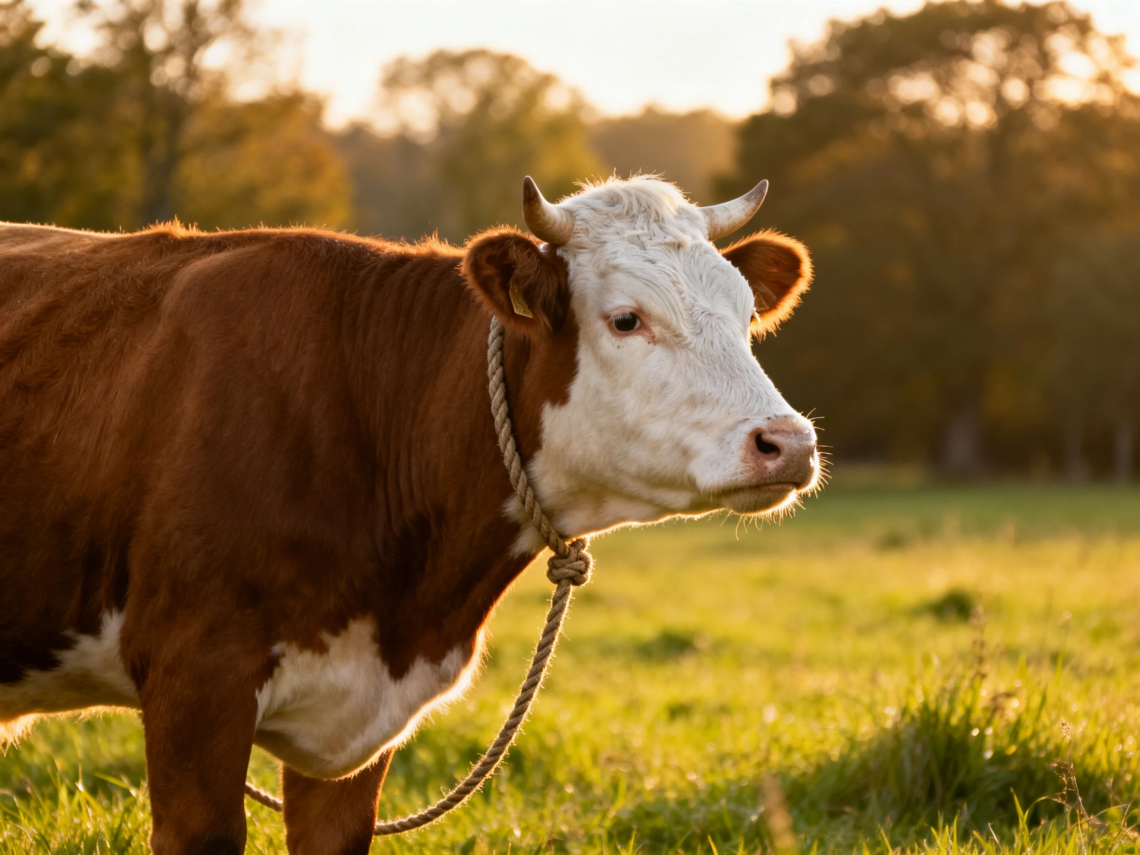 A brown and white cow with a rope in a sunlit pasture